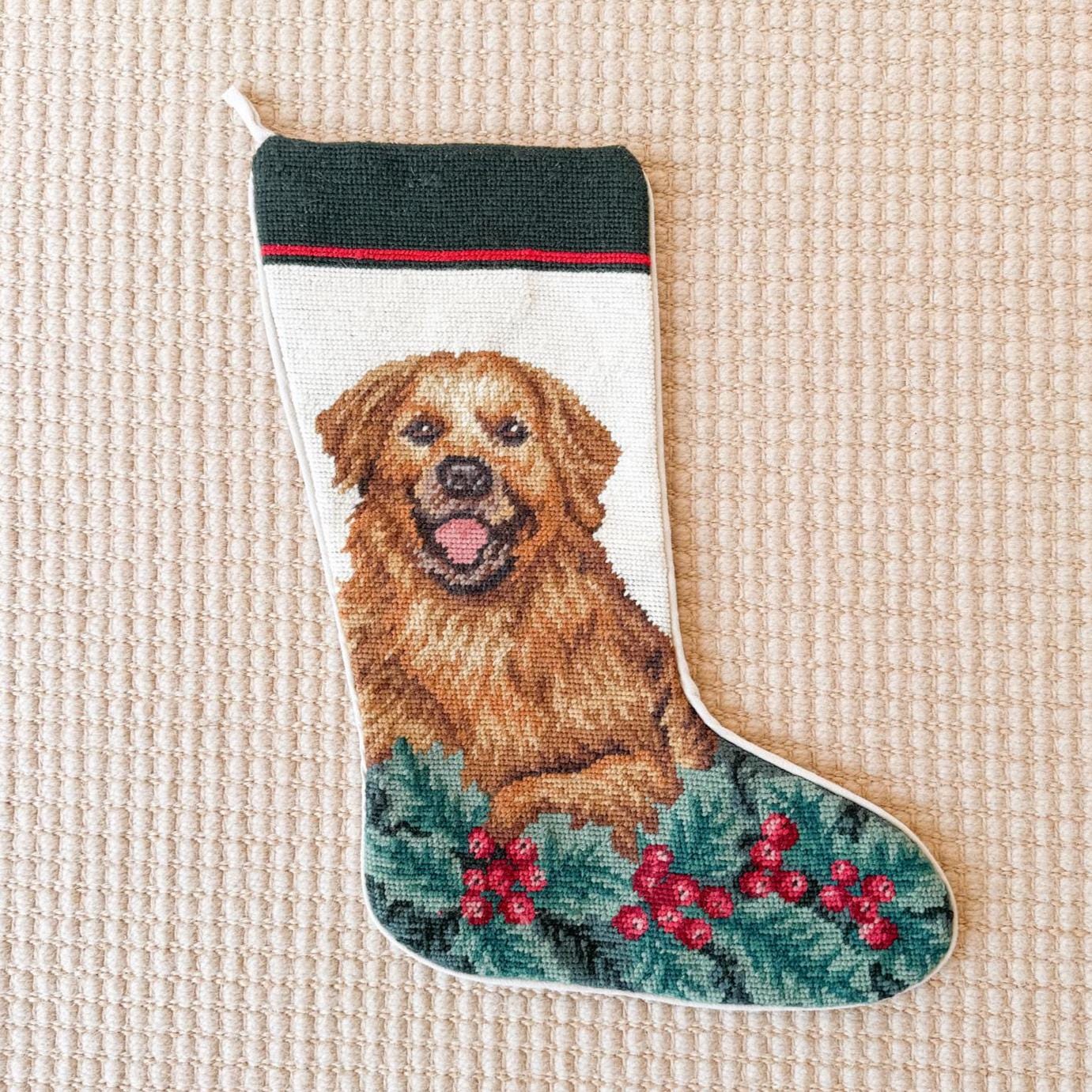 Vintage Needlepoint Dog Christmas Stocking, Golden Retriever