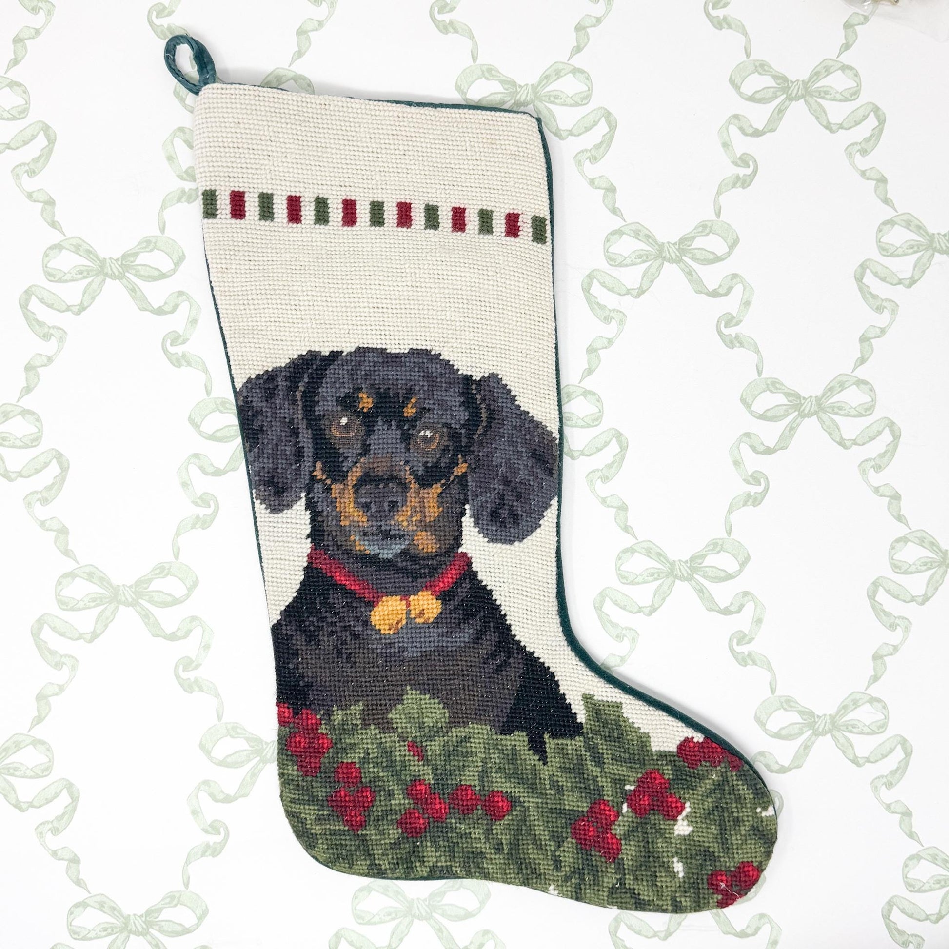 Vintage Needlepoint Dog Christmas Stocking, Dachshund