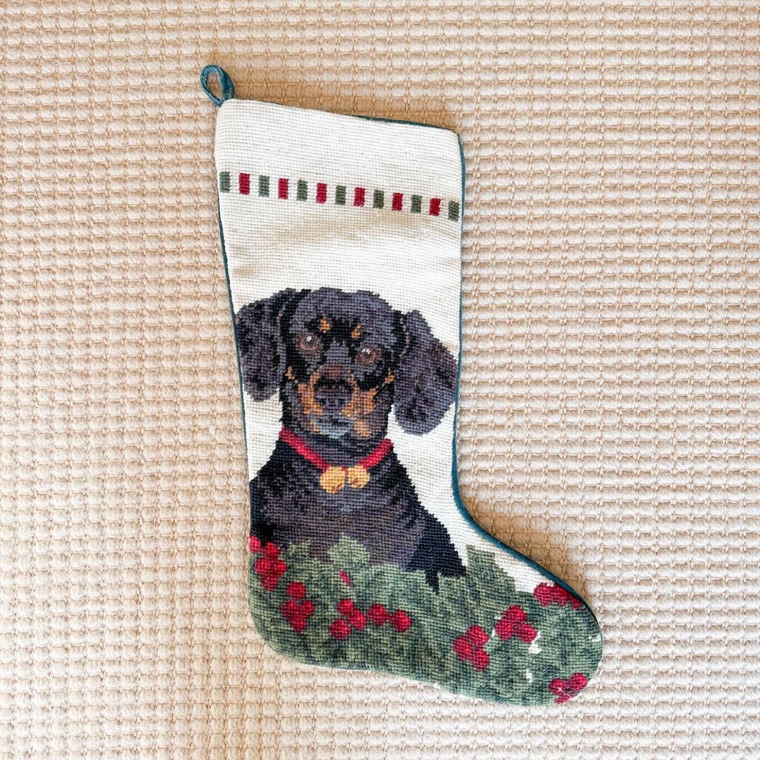 Vintage Needlepoint Dog Christmas Stocking, Dachshund