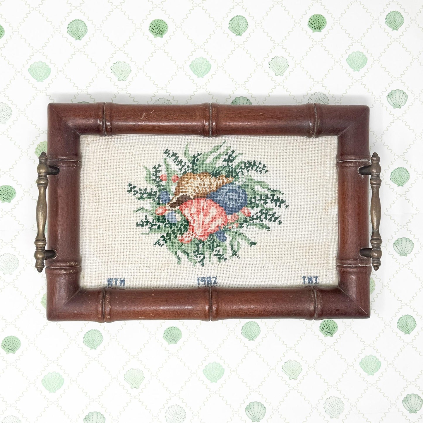 Vintage Hand Stitched Needlepoint Bamboo Tray, Seashells