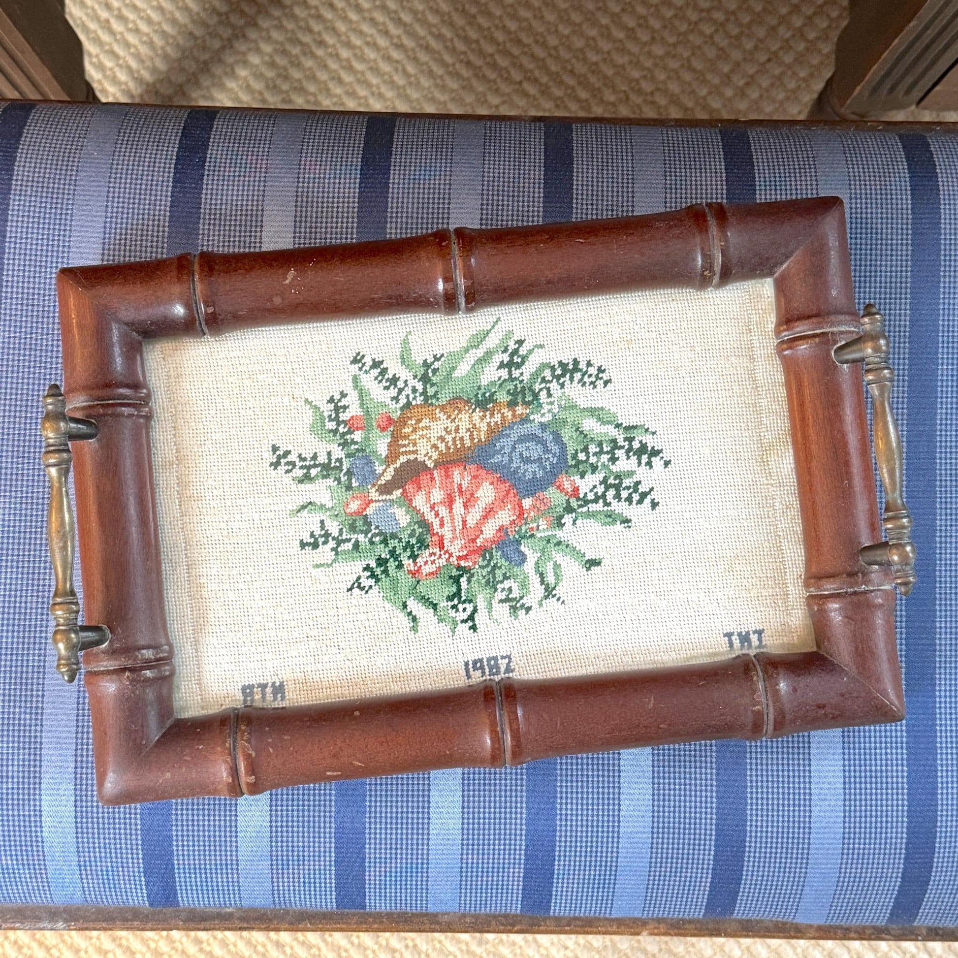 Vintage Hand Stitched Needlepoint Bamboo Tray, Seashells