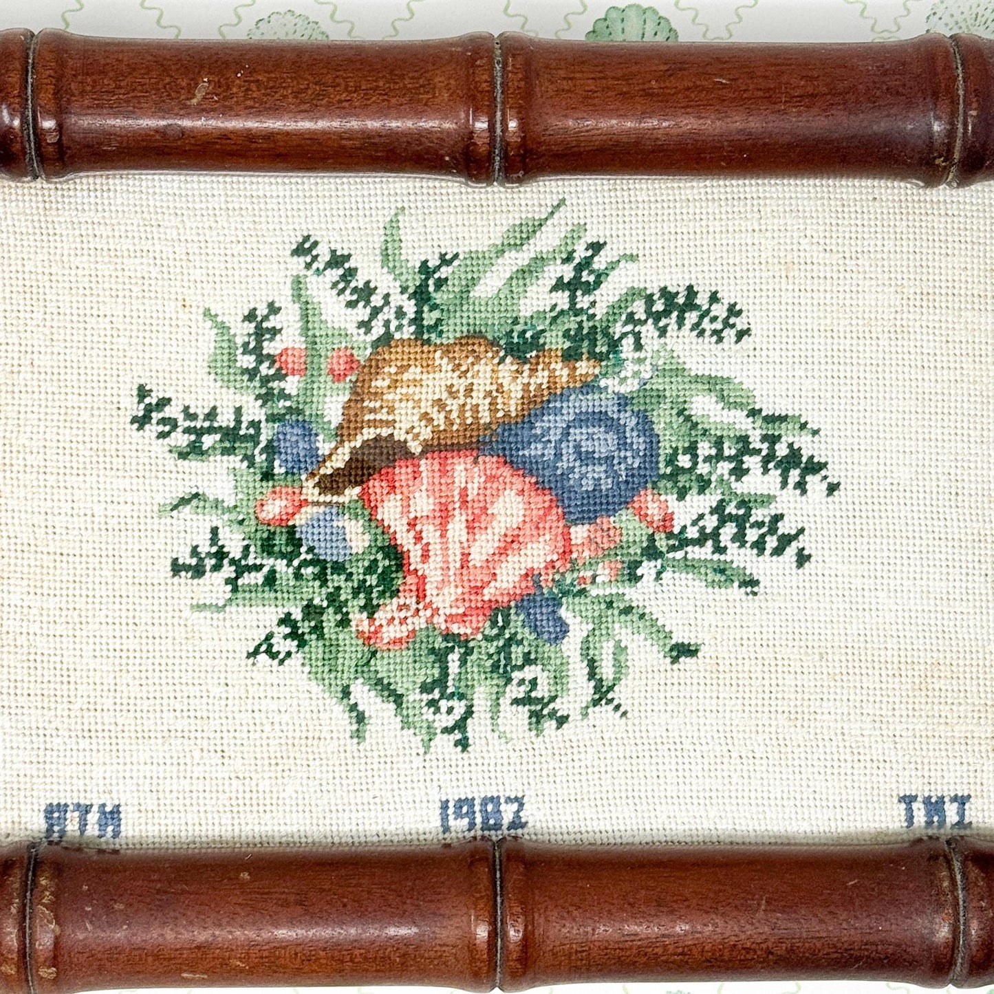 Vintage Hand Stitched Needlepoint Bamboo Tray, Seashells
