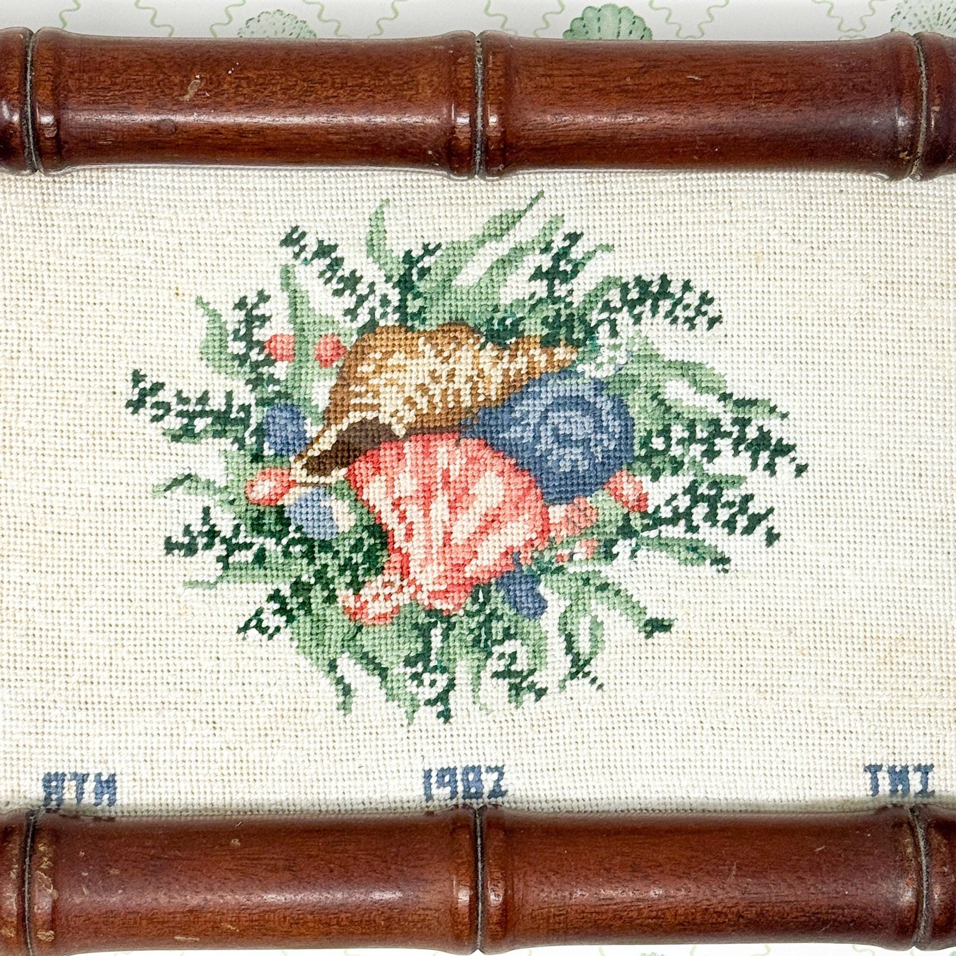 Vintage Hand Stitched Needlepoint Bamboo Tray, Seashells