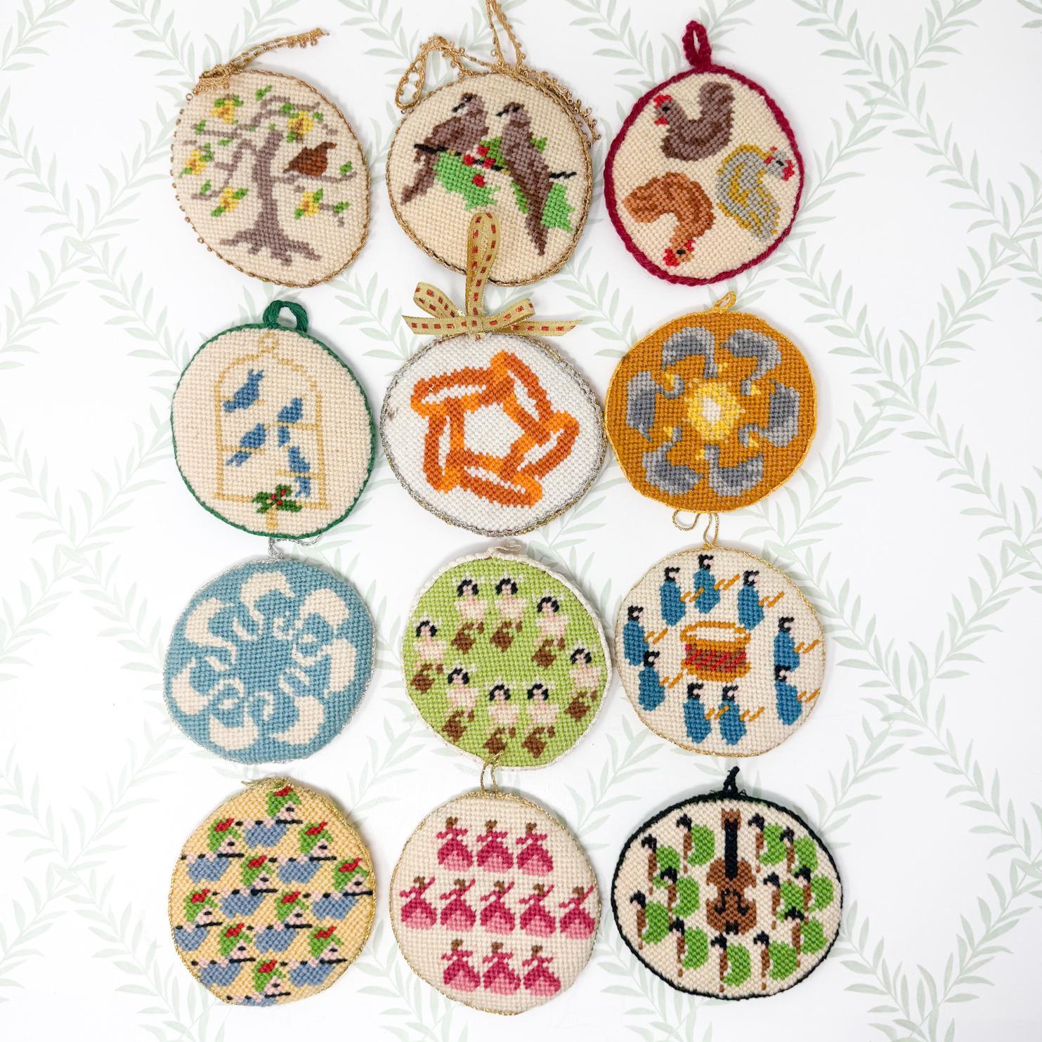 12 Days of Christmas Vintage Needlepoint Ornaments, Handstitched
