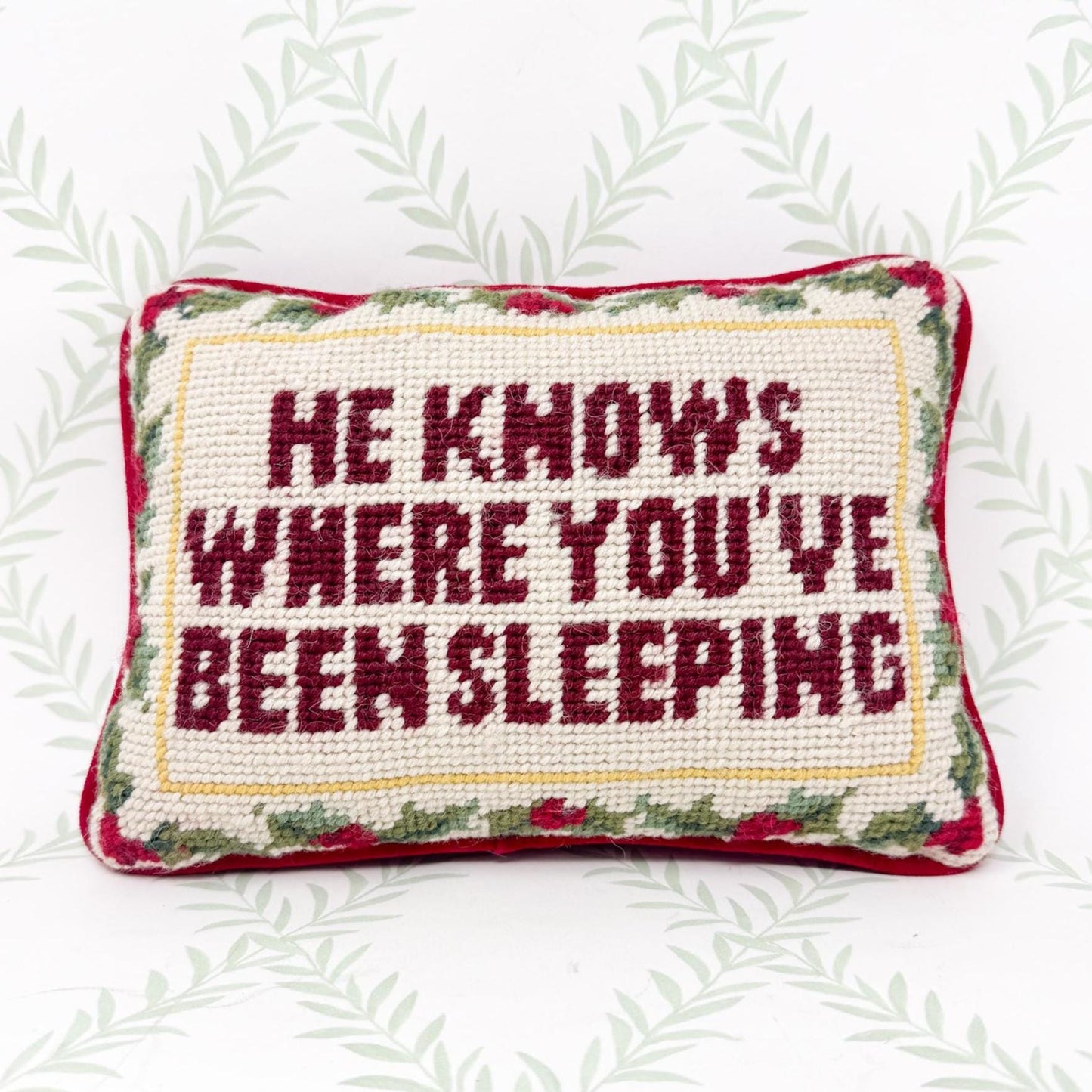 Vintage Christmas Needlepoint Pillow, He Knows Where You've Been Sleeping