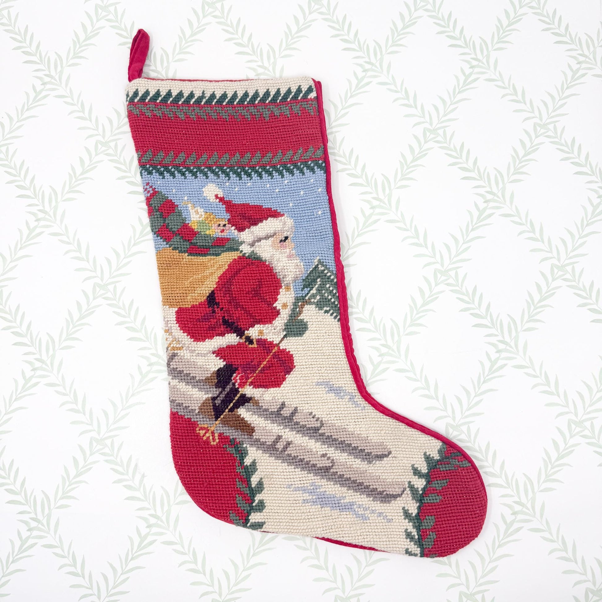 Vintage Needlepoint Christmas Stocking, Santa Skiing