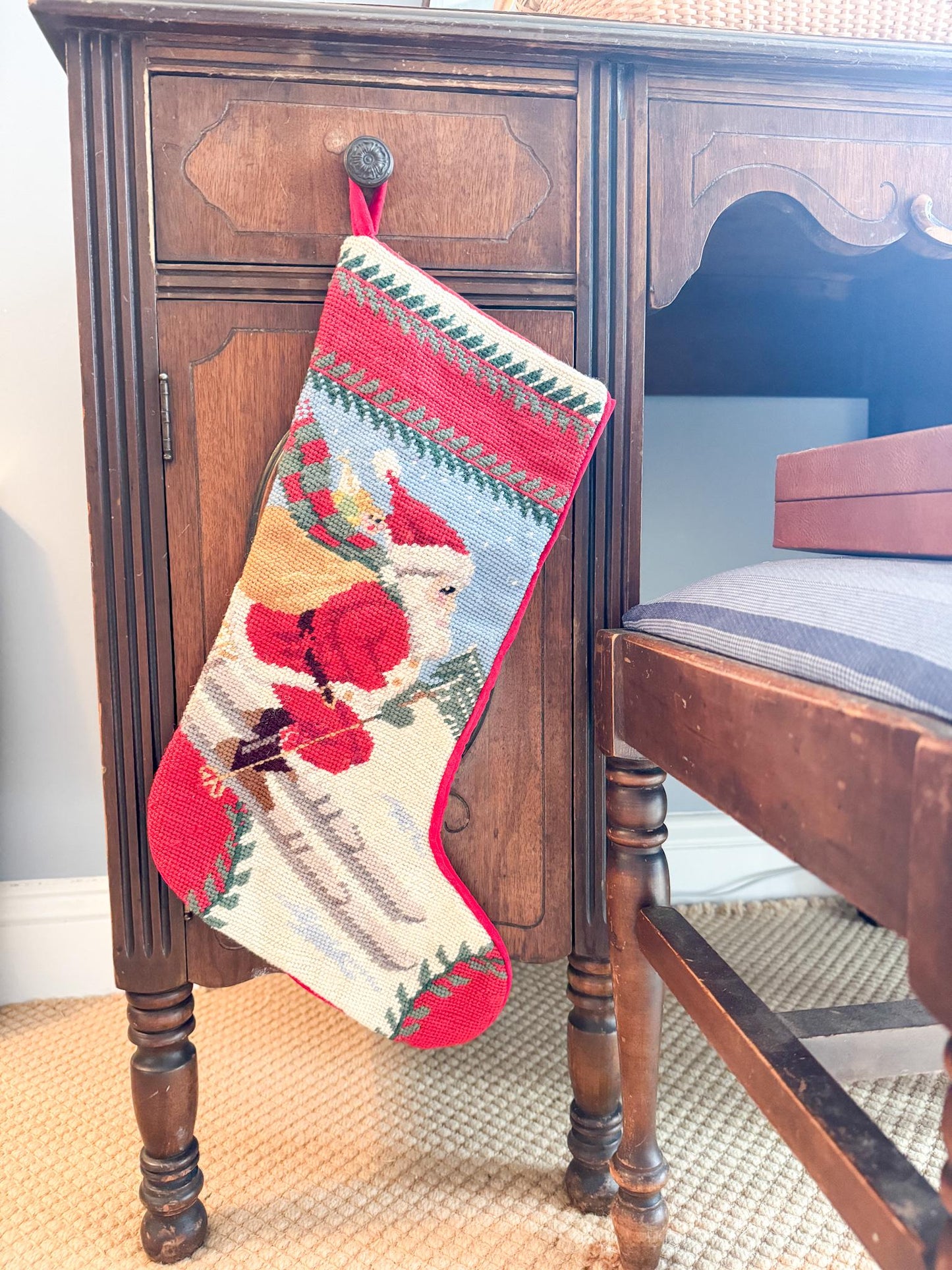 Vintage Needlepoint Christmas Stocking, Santa Skiing