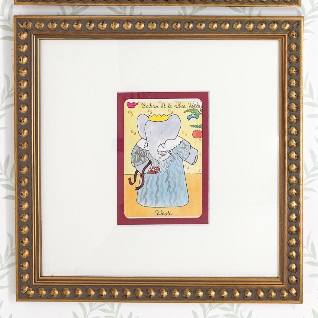 Pair of Vintage Framed Babar and Celeste Cards, Christmas