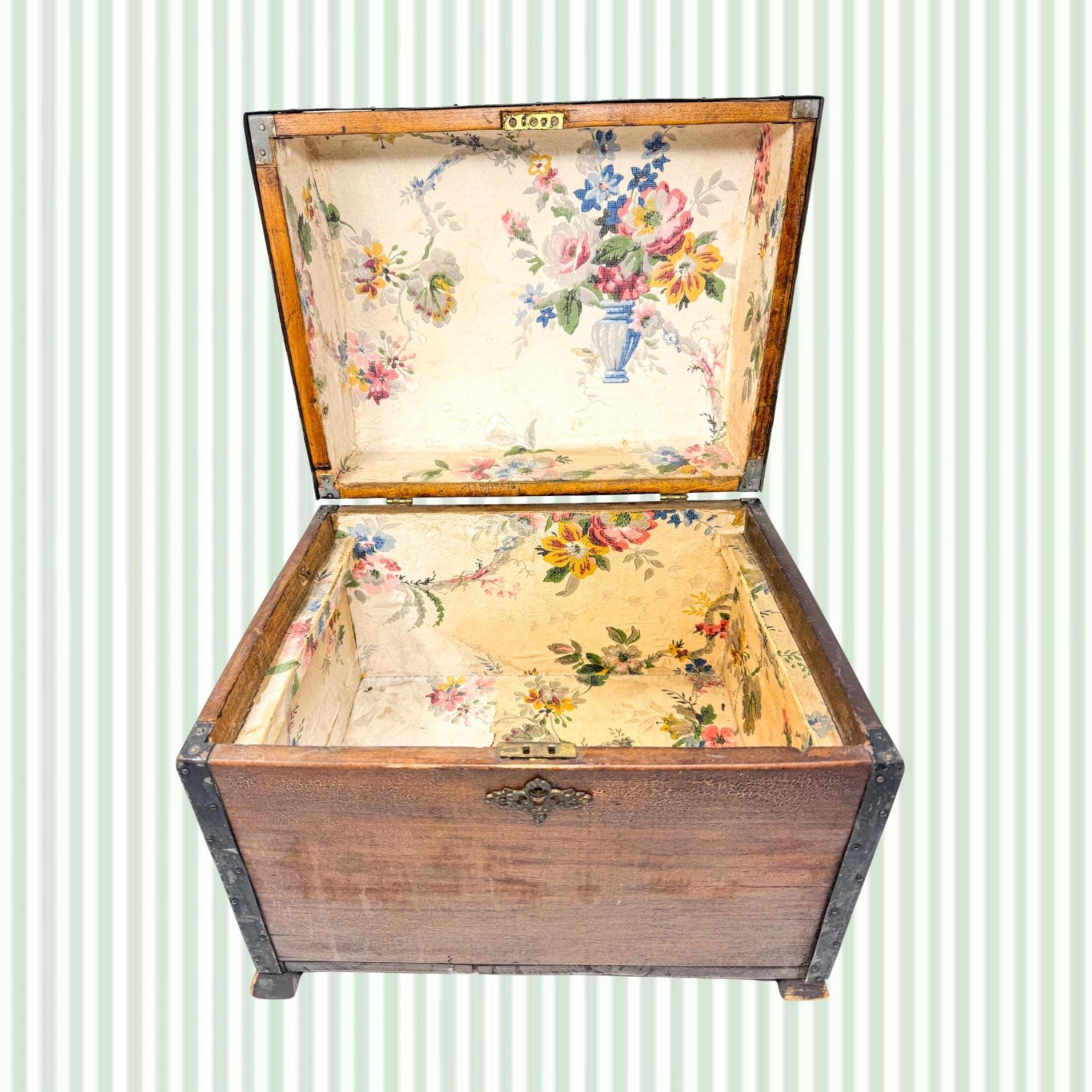 Antique Wood Chest with Chintz Lining