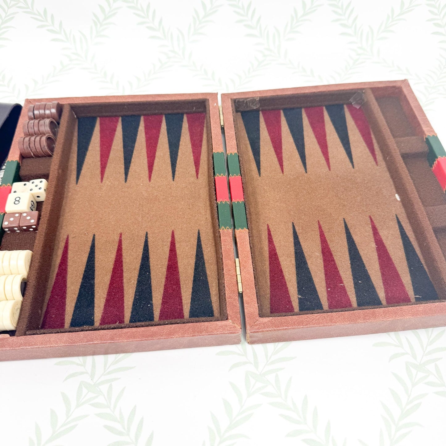 Vintage Travel Backgammon Set, Brown Leather Case with Red and Green Stripe