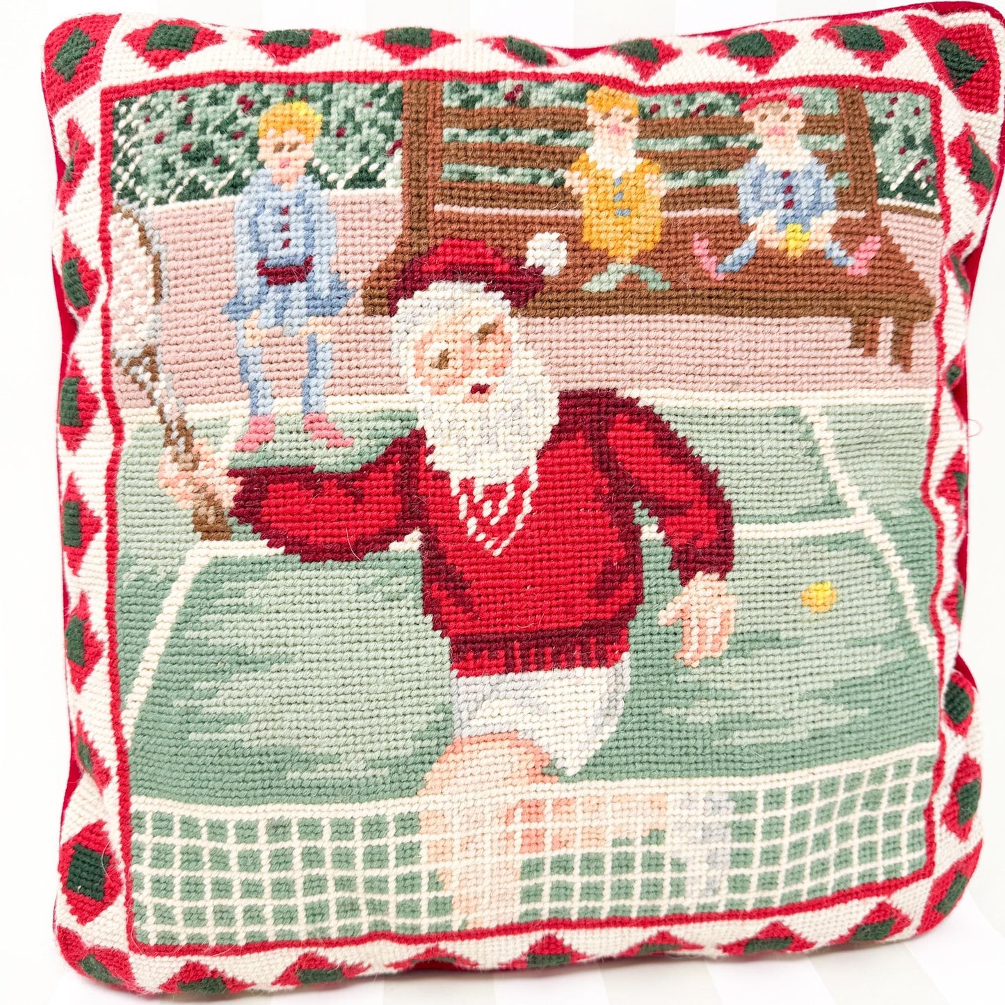 Vintage Needlepoint Christmas Pillow, Santa Tennis, 14"