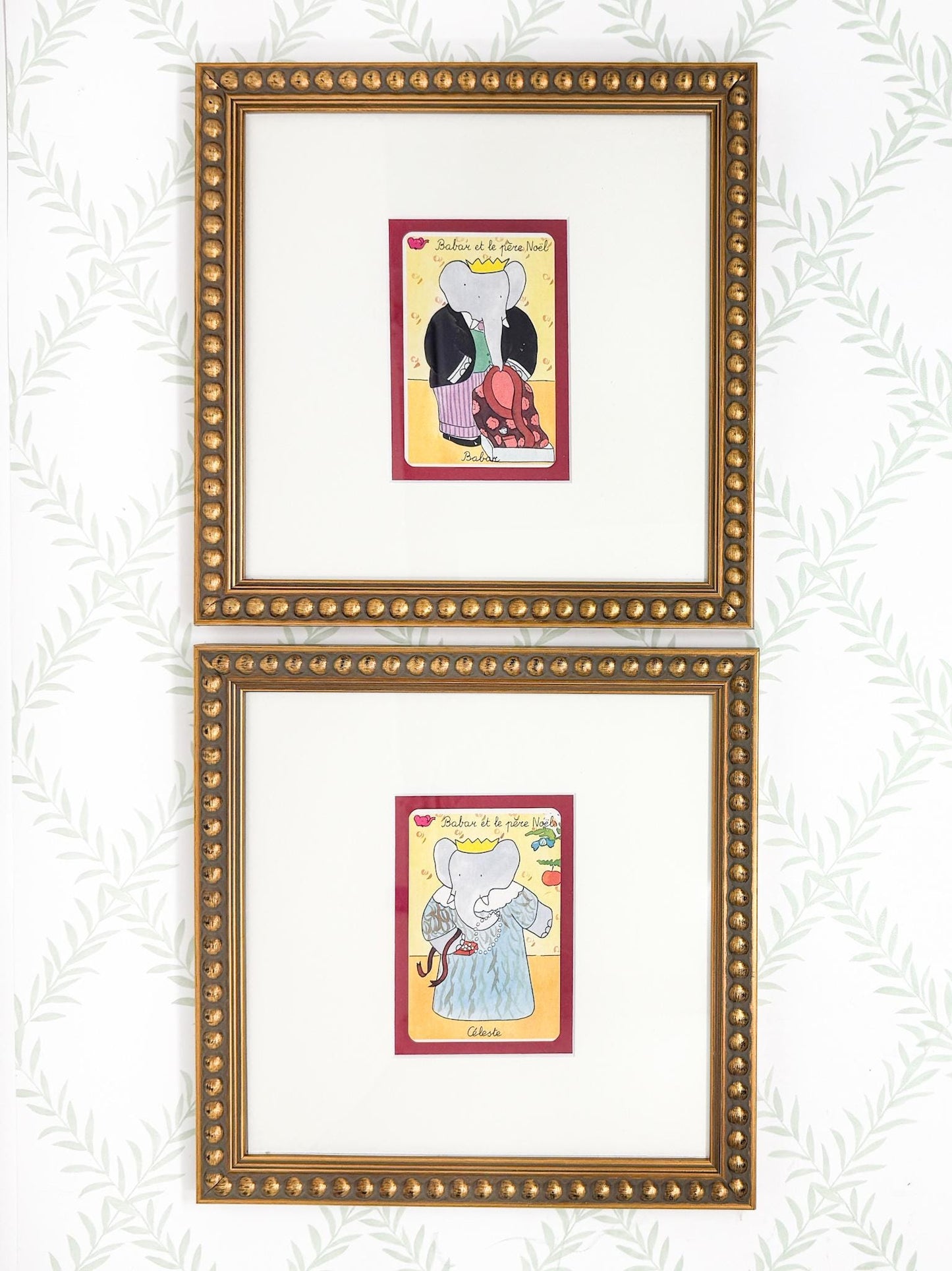 Pair of Vintage Framed Babar and Celeste Cards, Christmas