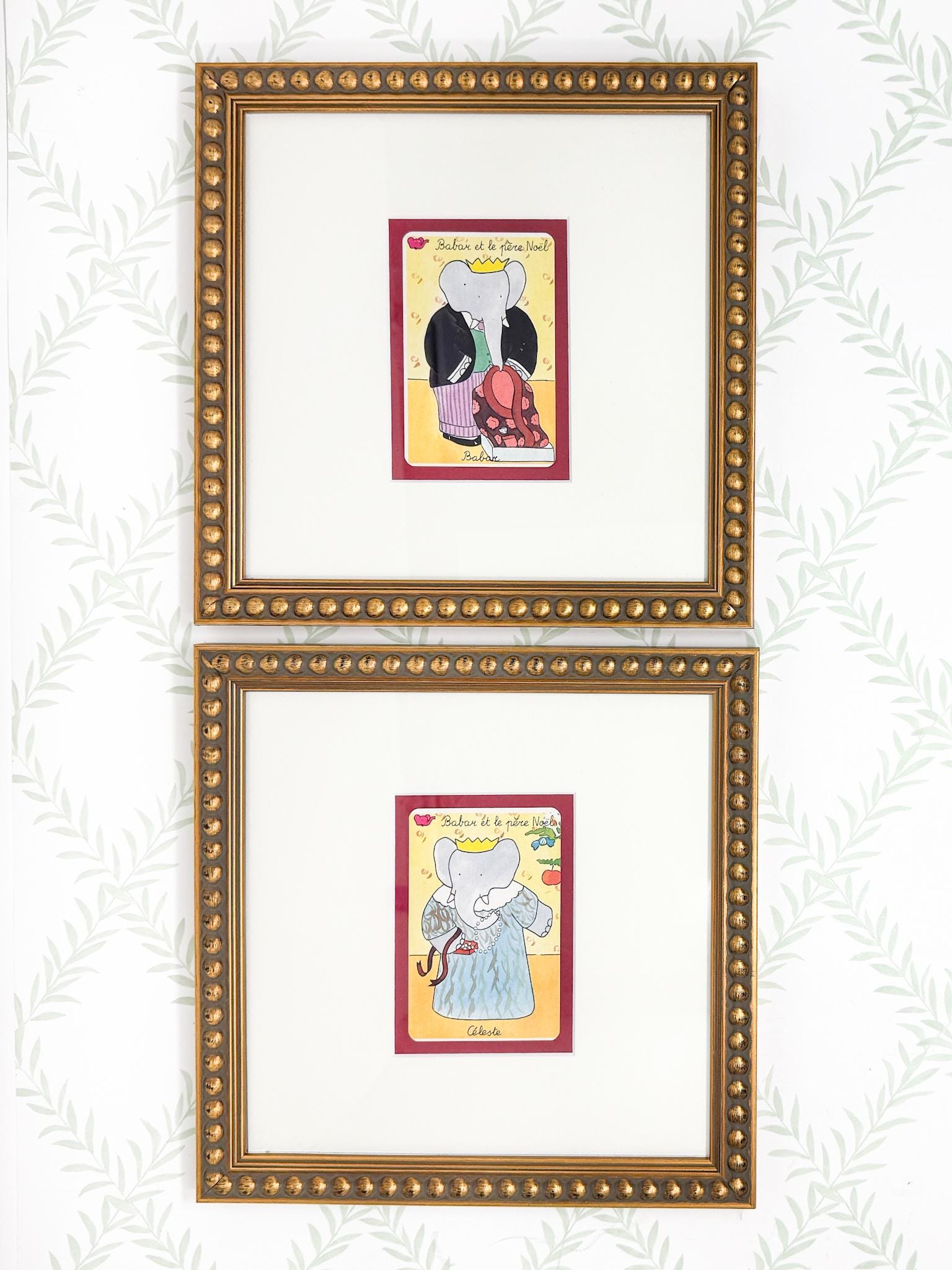 Pair of Vintage Framed Babar and Celeste Cards, Christmas