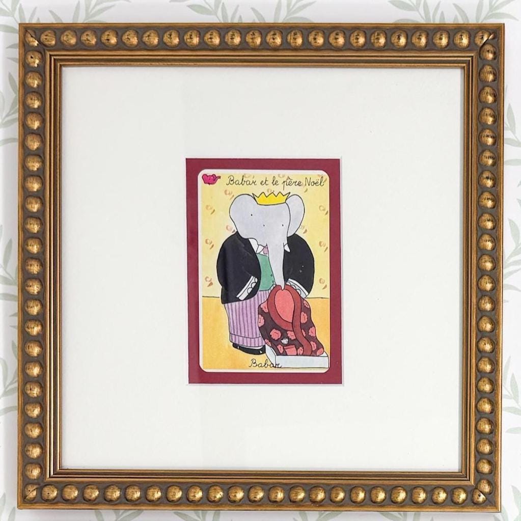 Pair of Vintage Framed Babar and Celeste Cards, Christmas