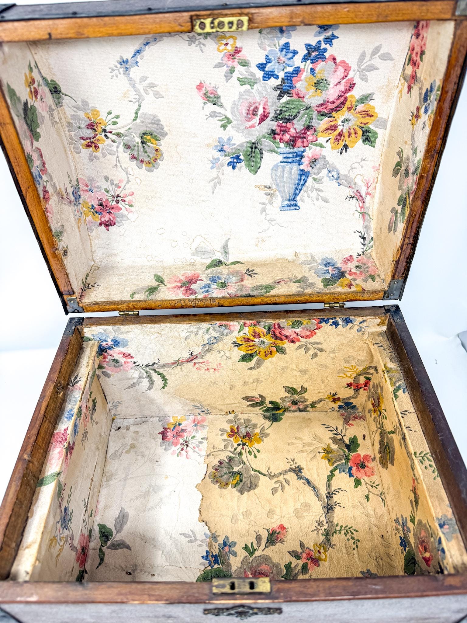 Antique Wood Chest with Chintz Lining