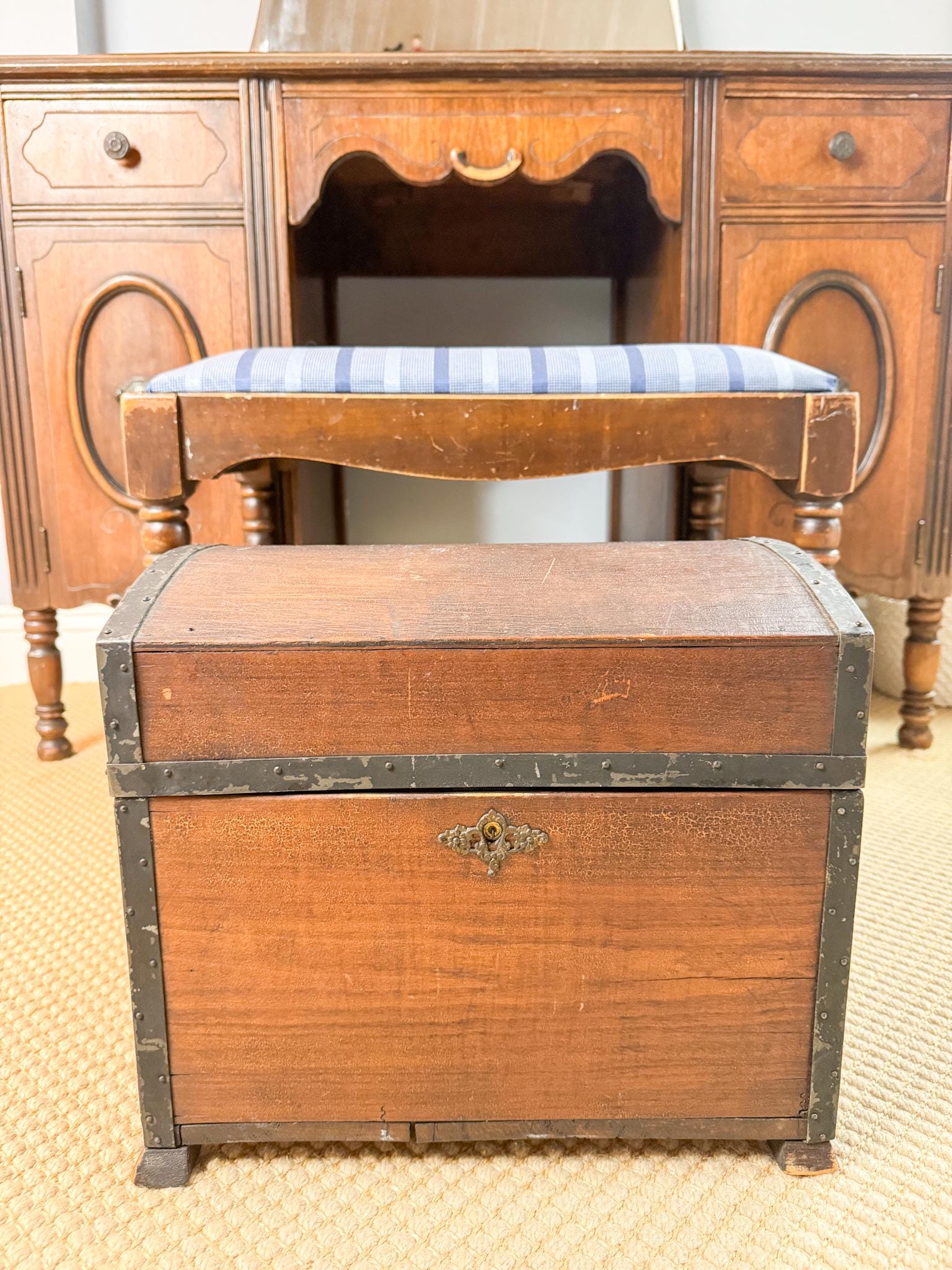 Antique Wood Chest with Chintz Lining