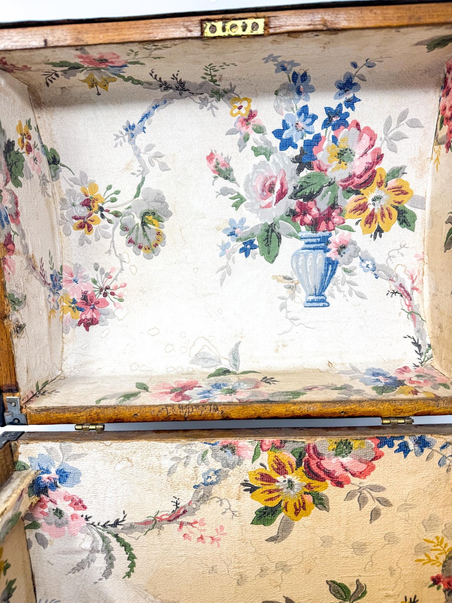 Antique Wood Chest with Chintz Lining