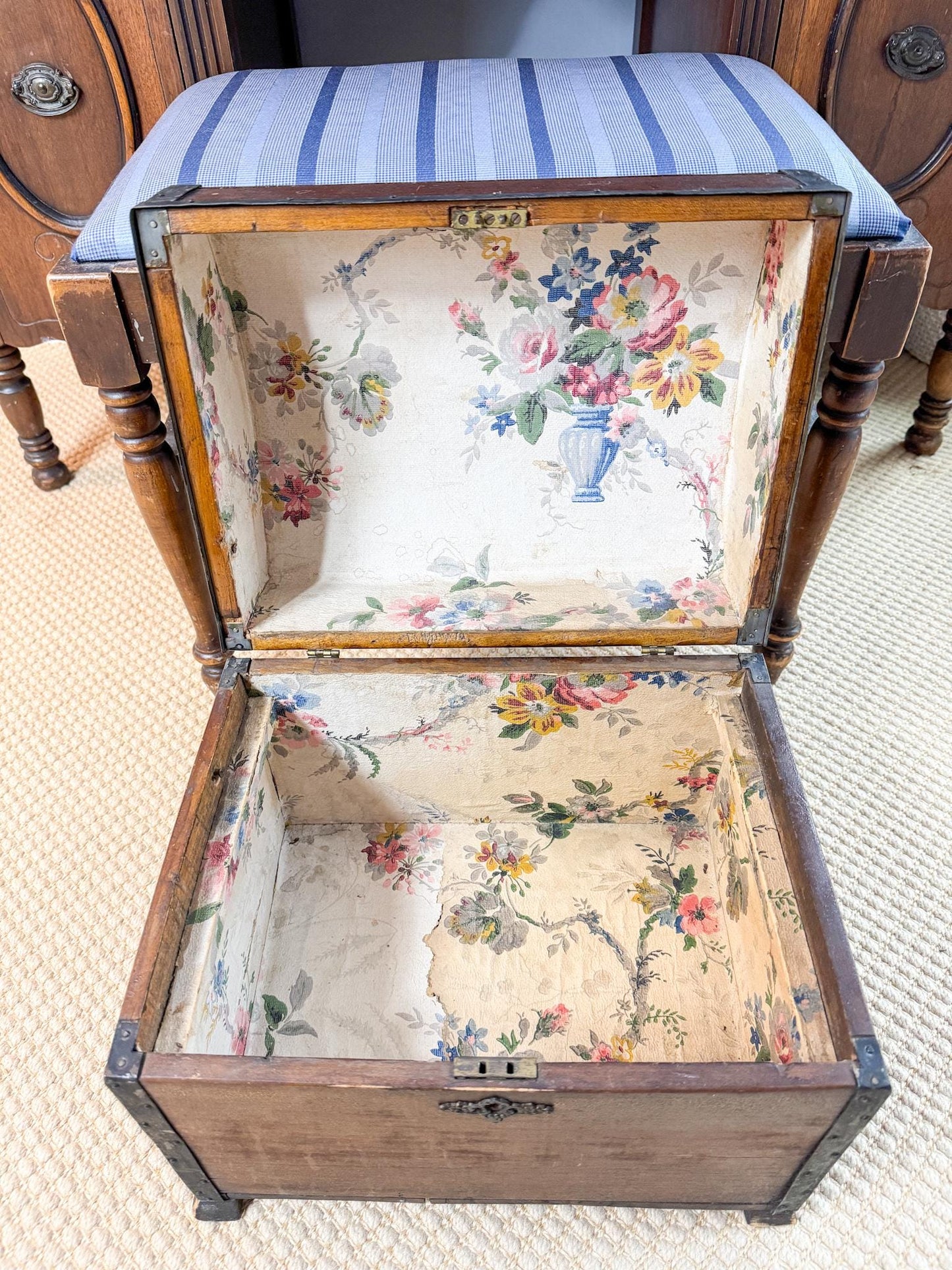 Antique Wood Chest with Chintz Lining