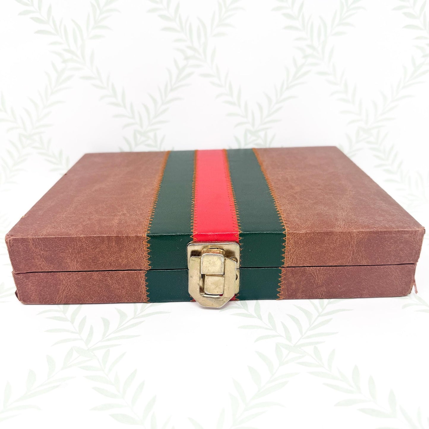 Vintage Travel Backgammon Set, Brown Leather Case with Red and Green Stripe
