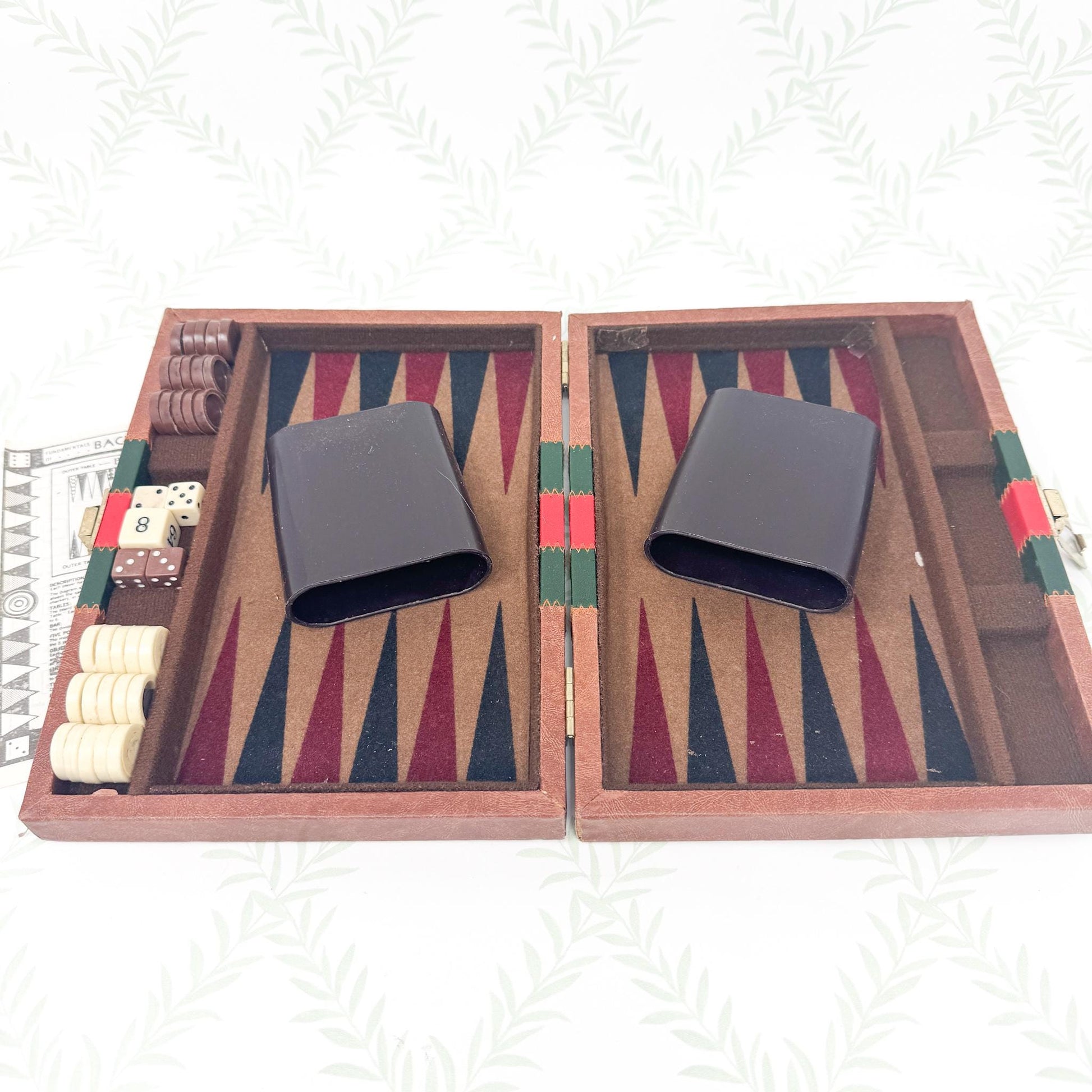 Vintage Travel Backgammon Set, Brown Leather Case with Red and Green Stripe