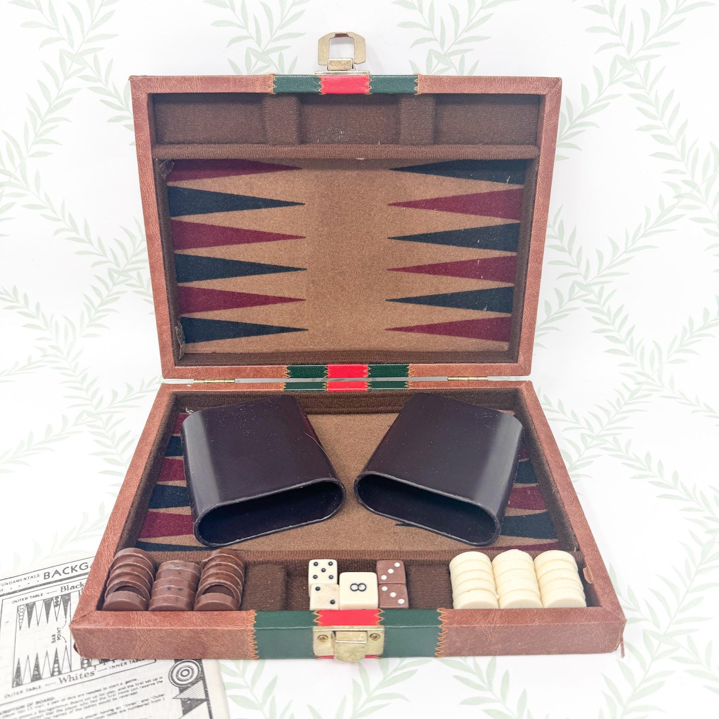 Vintage Travel Backgammon Set, Brown Leather Case with Red and Green Stripe