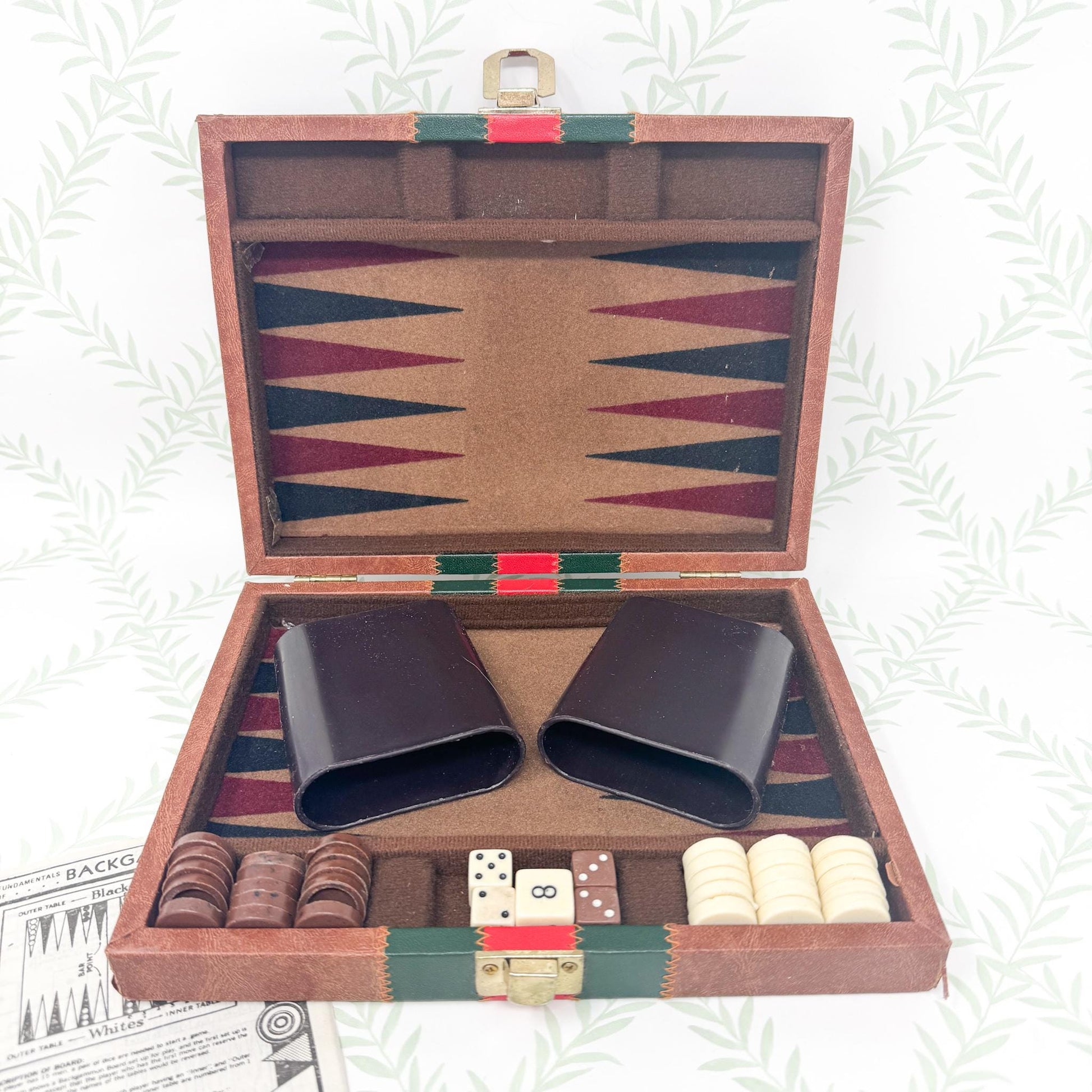 Vintage Travel Backgammon Set, Brown Leather Case with Red and Green Stripe
