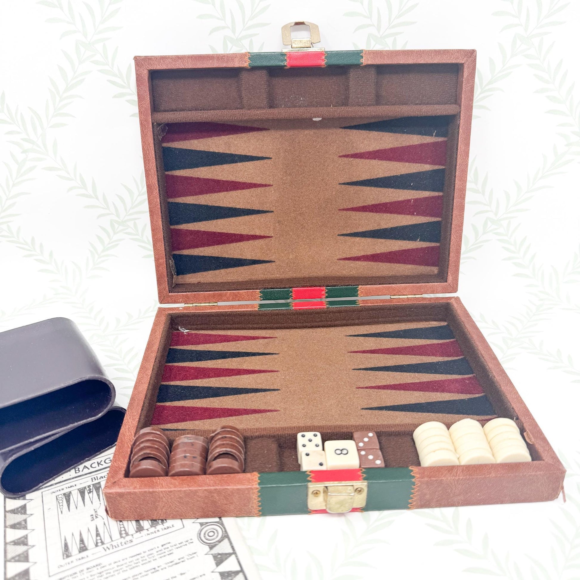 Vintage Travel Backgammon Set, Brown Leather Case with Red and Green Stripe
