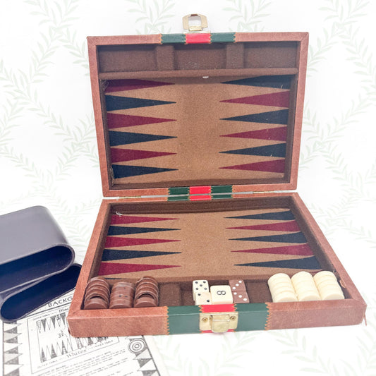 Vintage Travel Backgammon Set, Brown Leather Case with Red and Green Stripe