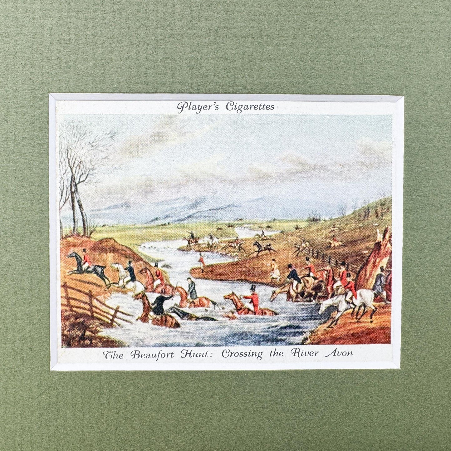Framed Vintage Fox Hunt Cigarette Card c. 1938, The Beaufort Hunt, Crossing The River Avon