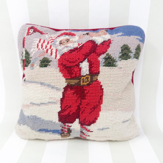 Vintage Needlepoint Christmas Pillow, Santa Golfing, 10"