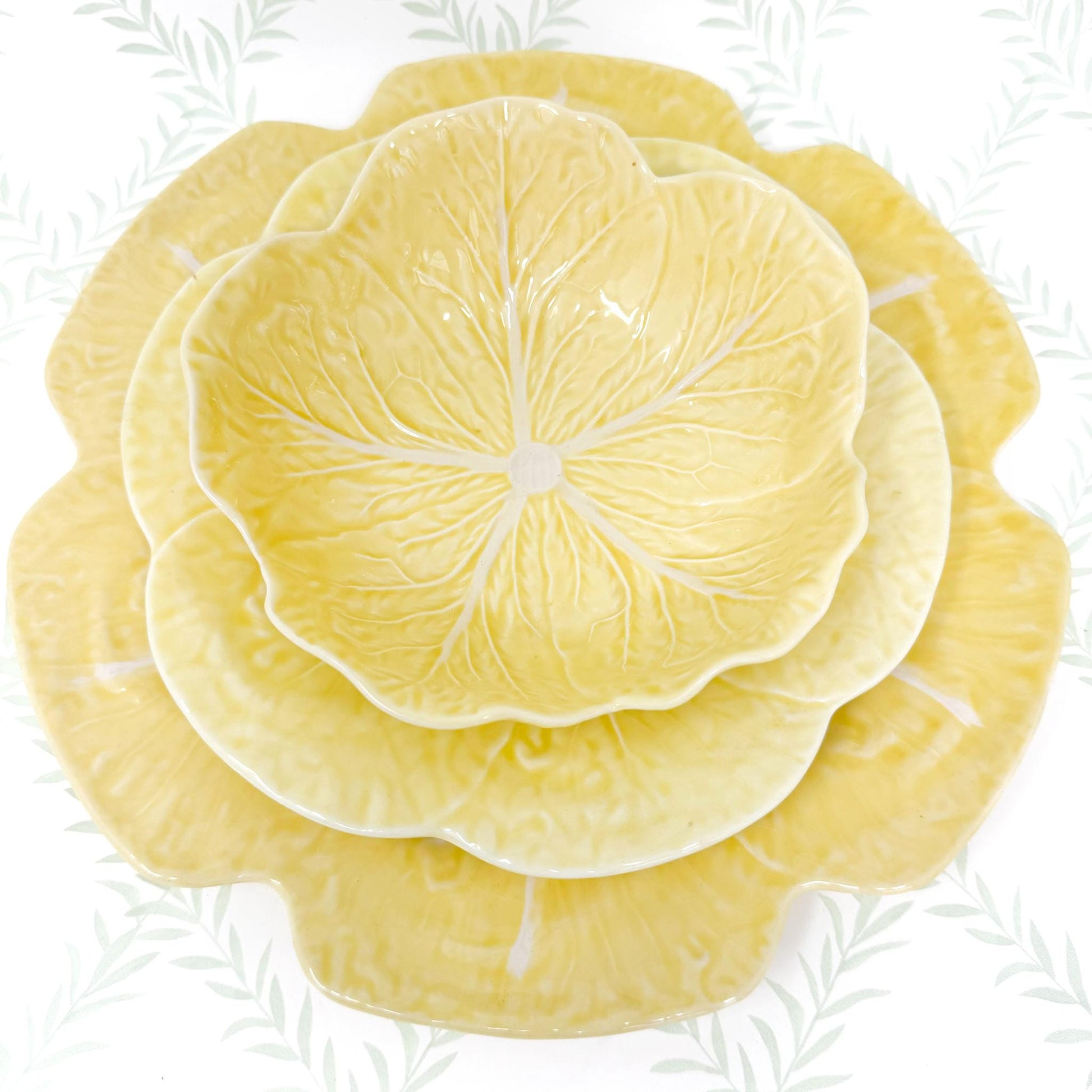 Vintage Bordallo Pinheiro Yellow Cabbageware, 9" Luncheon Plates