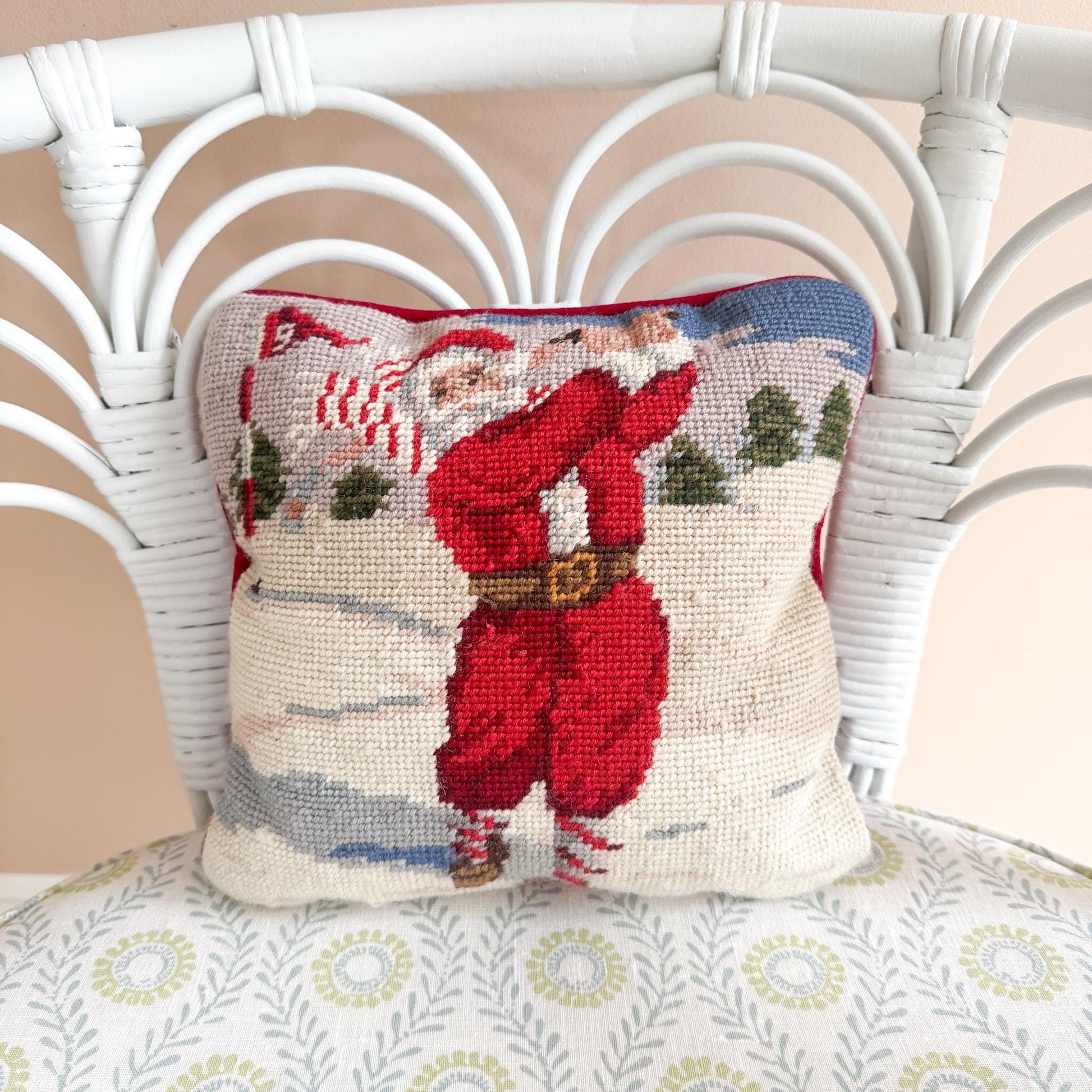 Vintage Needlepoint Christmas Pillow, Santa Golfing, 10"