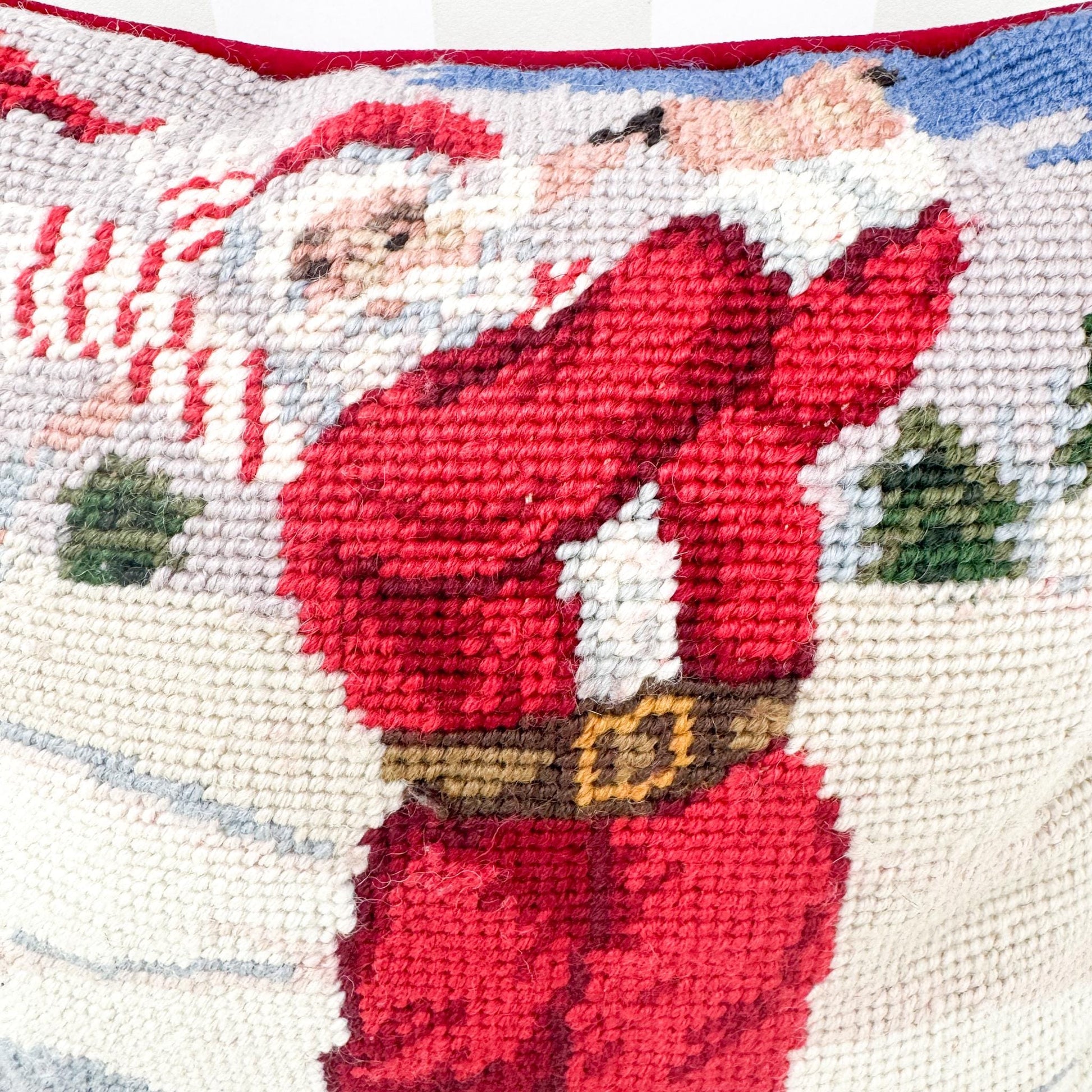 Vintage Needlepoint Christmas Pillow, Santa Golfing, 10"
