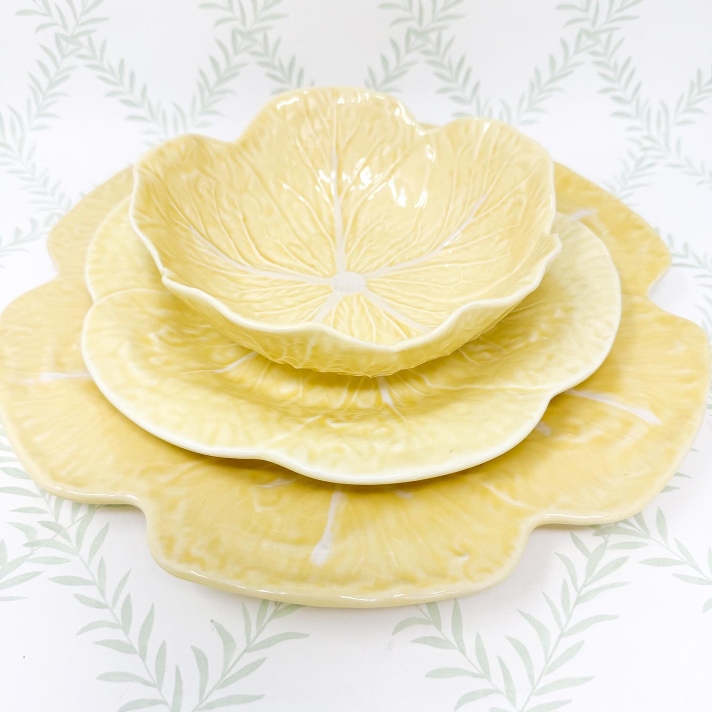 Vintage Bordallo Pinheiro Yellow Cabbageware, 9" Luncheon Plates
