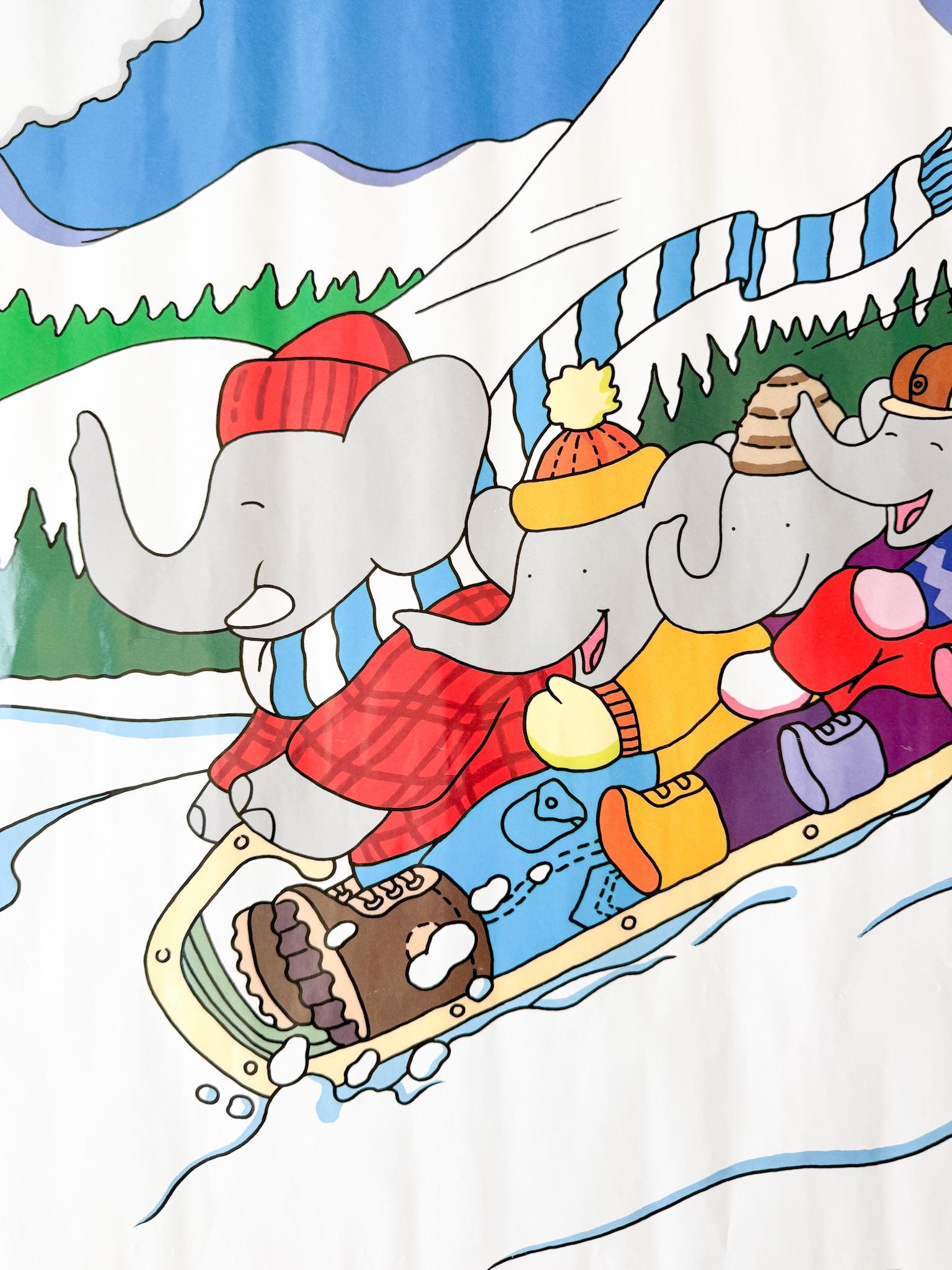 Vintage Babar Poster, Family Sledding in Snow