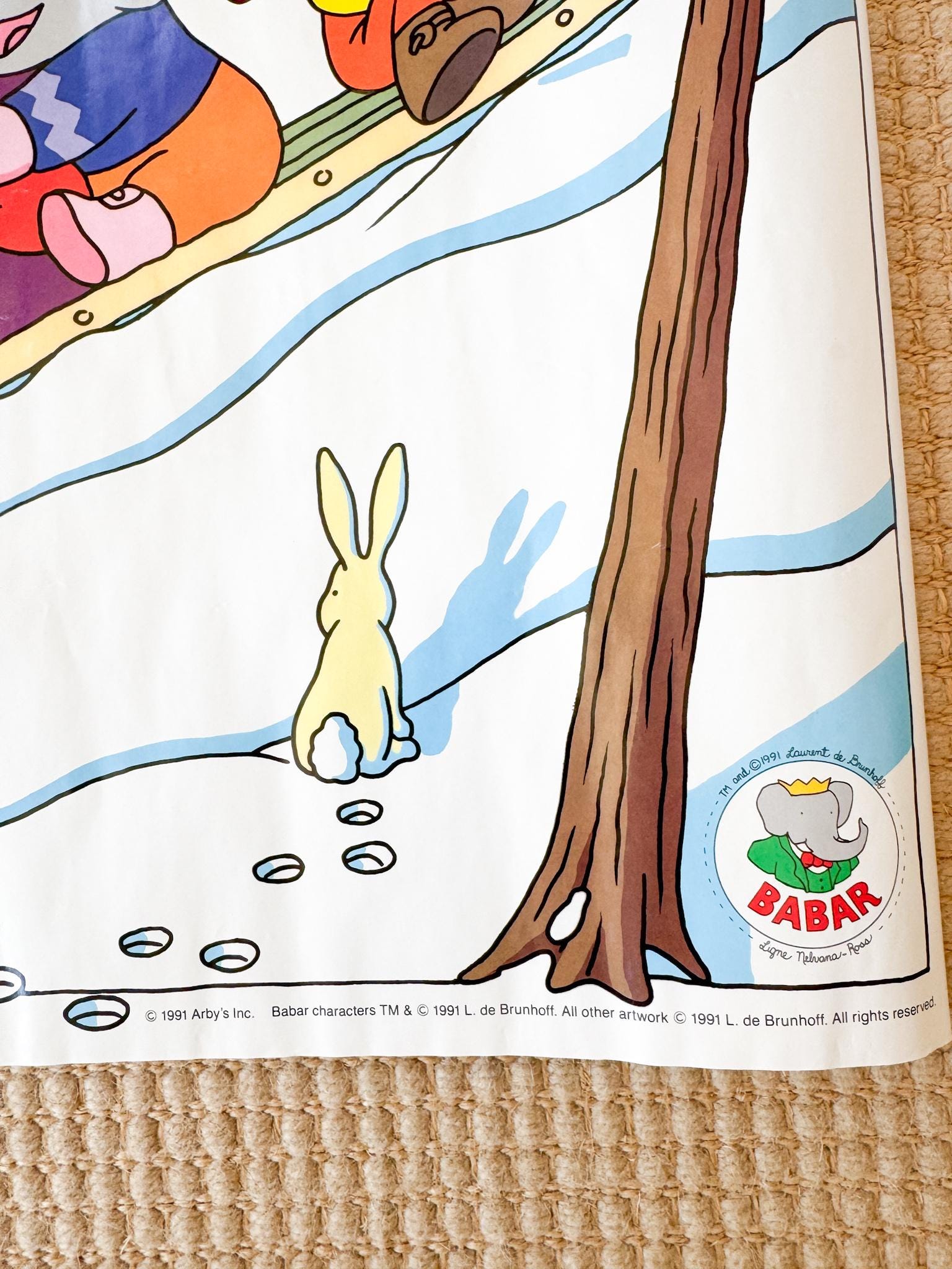 Vintage Babar Poster, Family Sledding in Snow