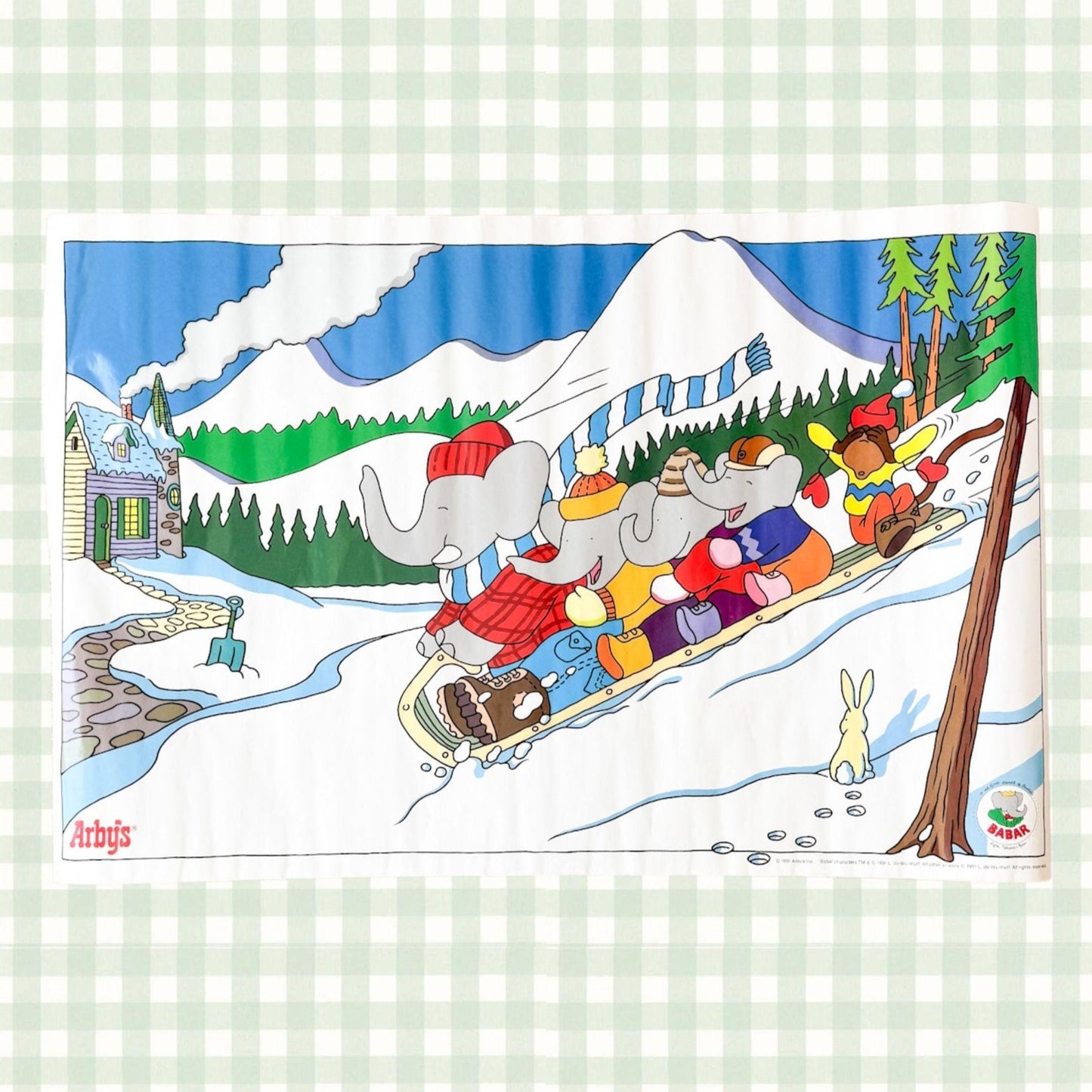 Vintage Babar Poster, Family Sledding in Snow