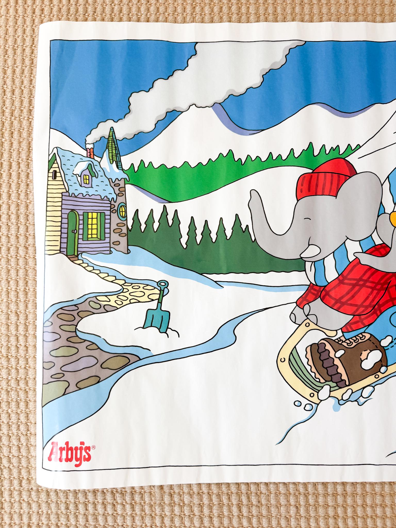 Vintage Babar Poster, Family Sledding in Snow