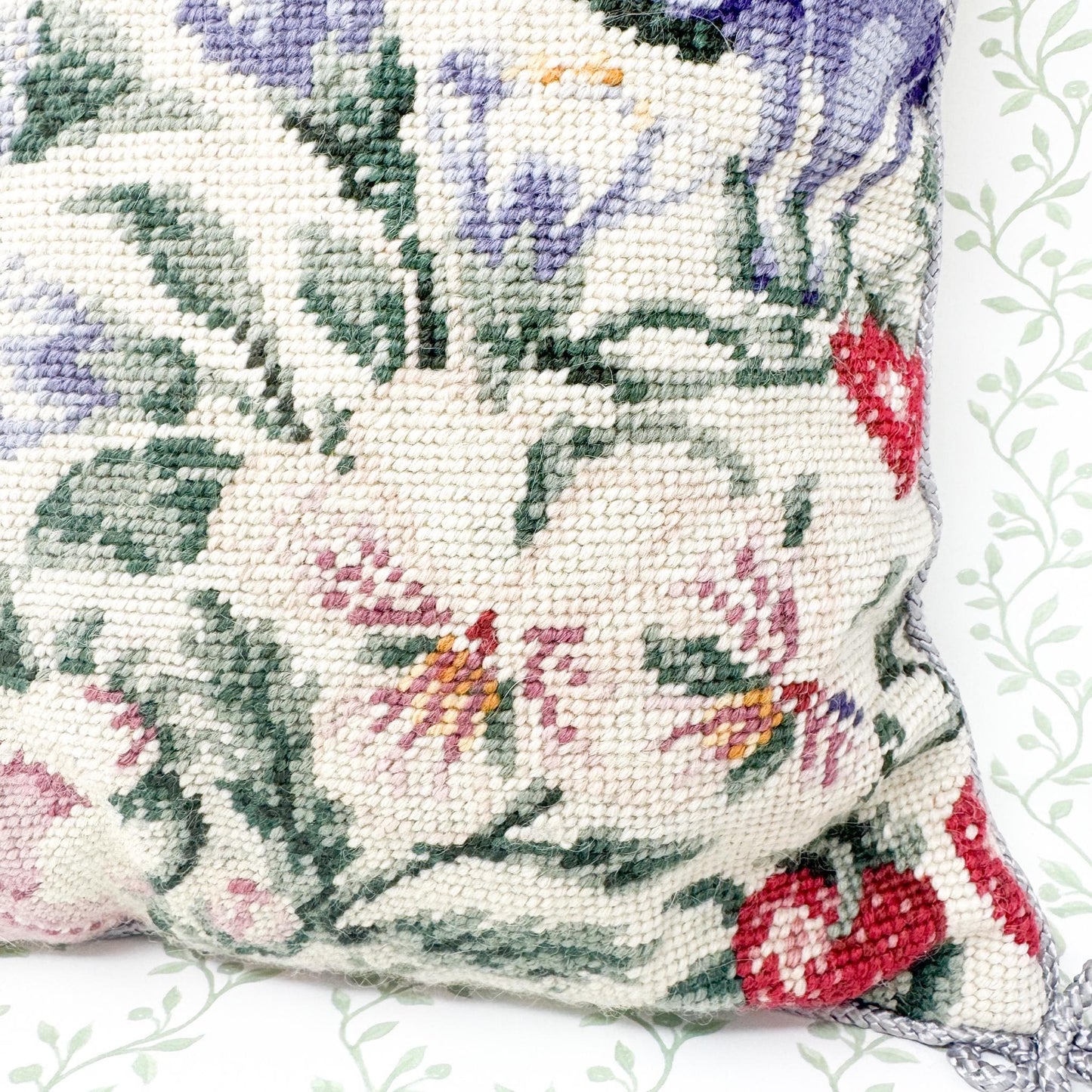 Vintage Needlepoint Pillow, Flowers and Strawberries