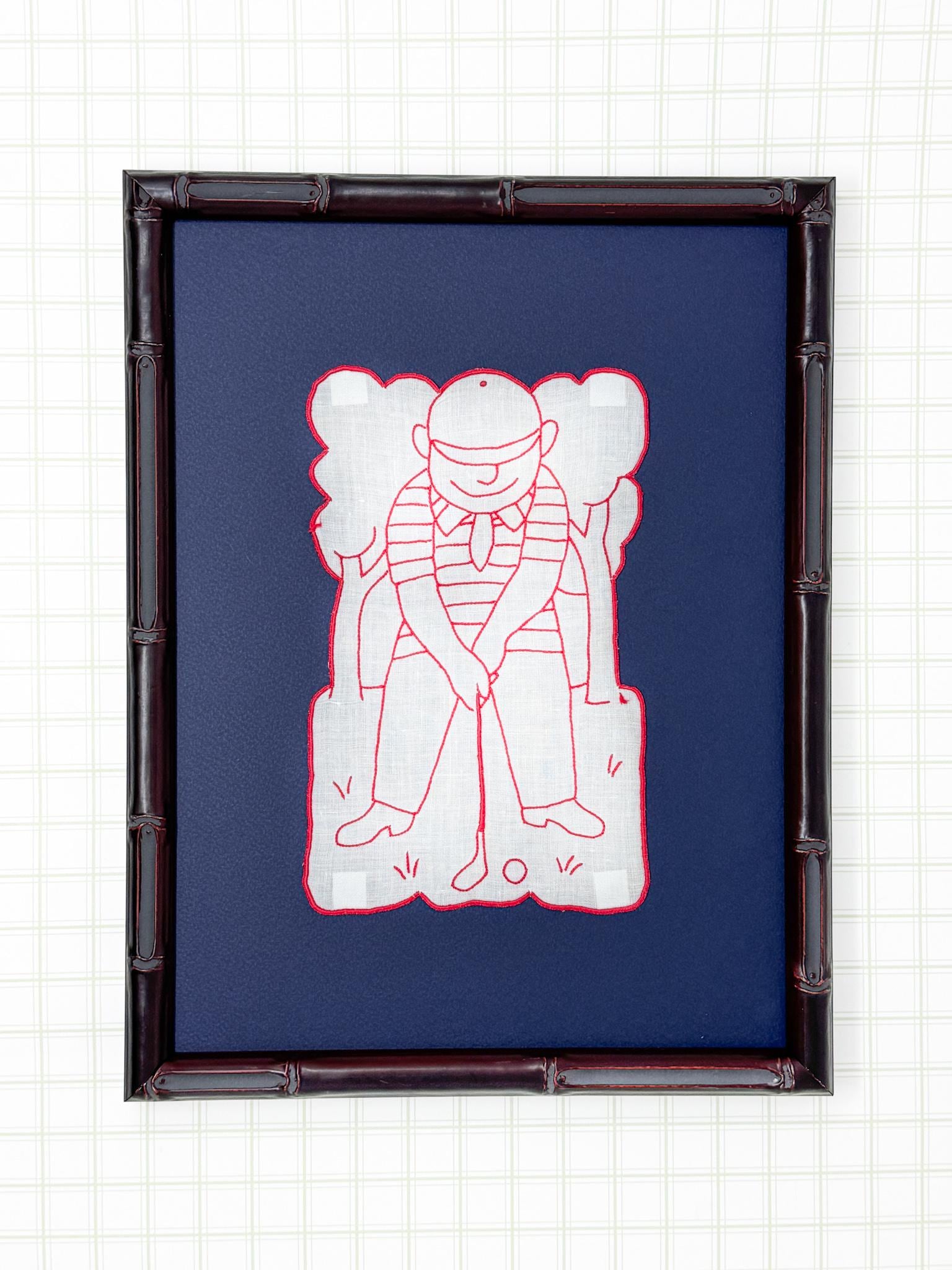 Framed Vintage Madeira Cocktail Napkin, Red Golfer
