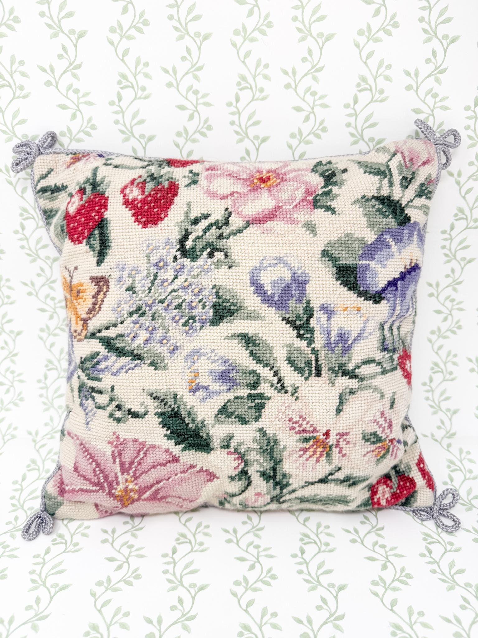 Vintage Needlepoint Pillow, Flowers and Strawberries