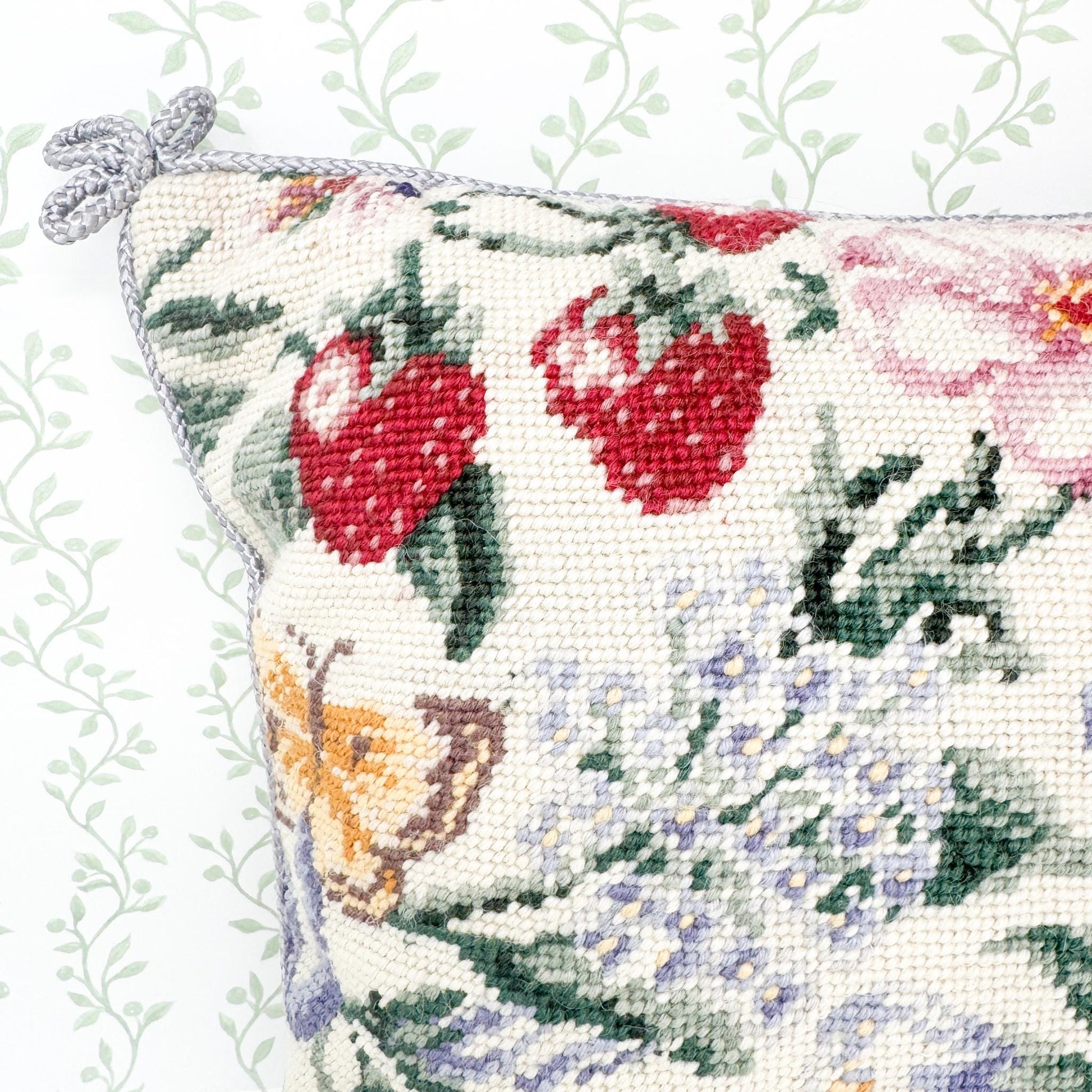 Vintage Needlepoint Pillow, Flowers and Strawberries