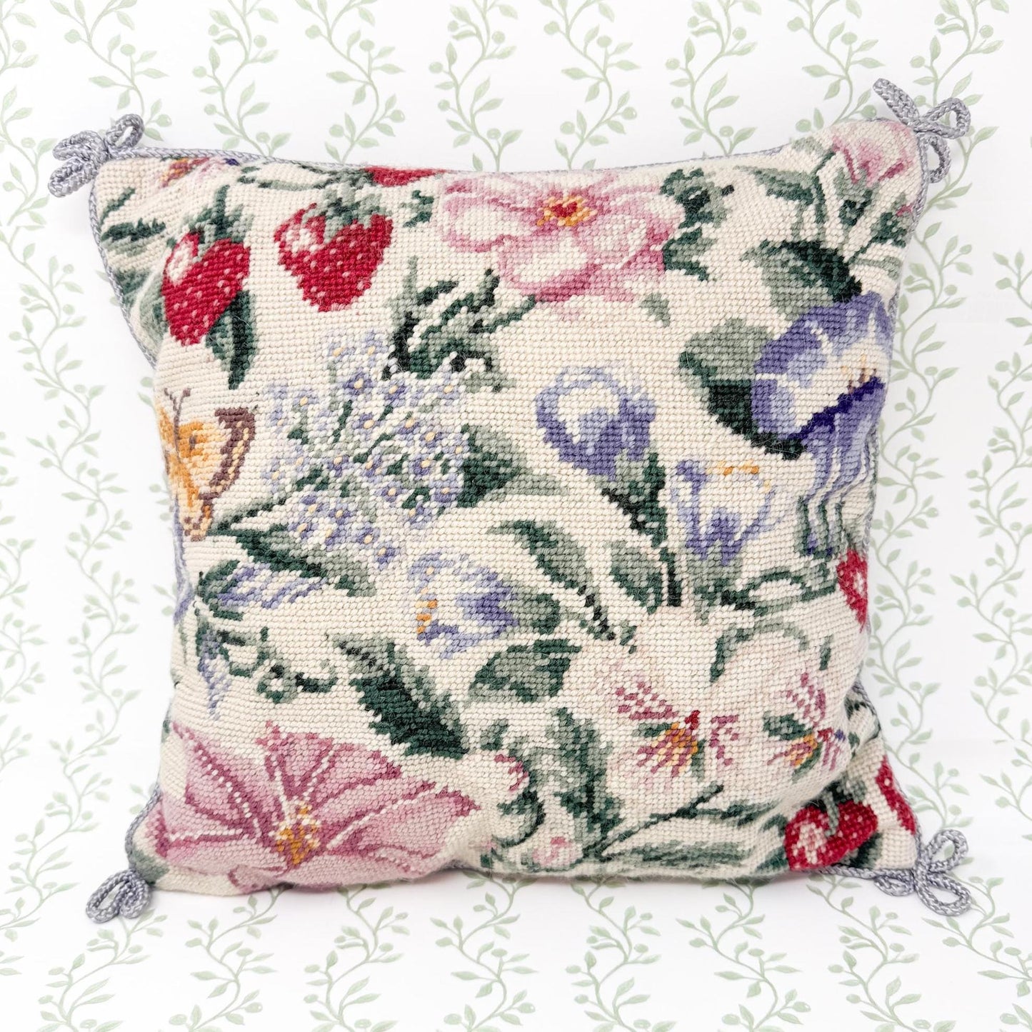 Vintage Needlepoint Pillow, Flowers and Strawberries