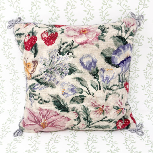 Vintage Needlepoint Pillow, Flowers and Strawberries