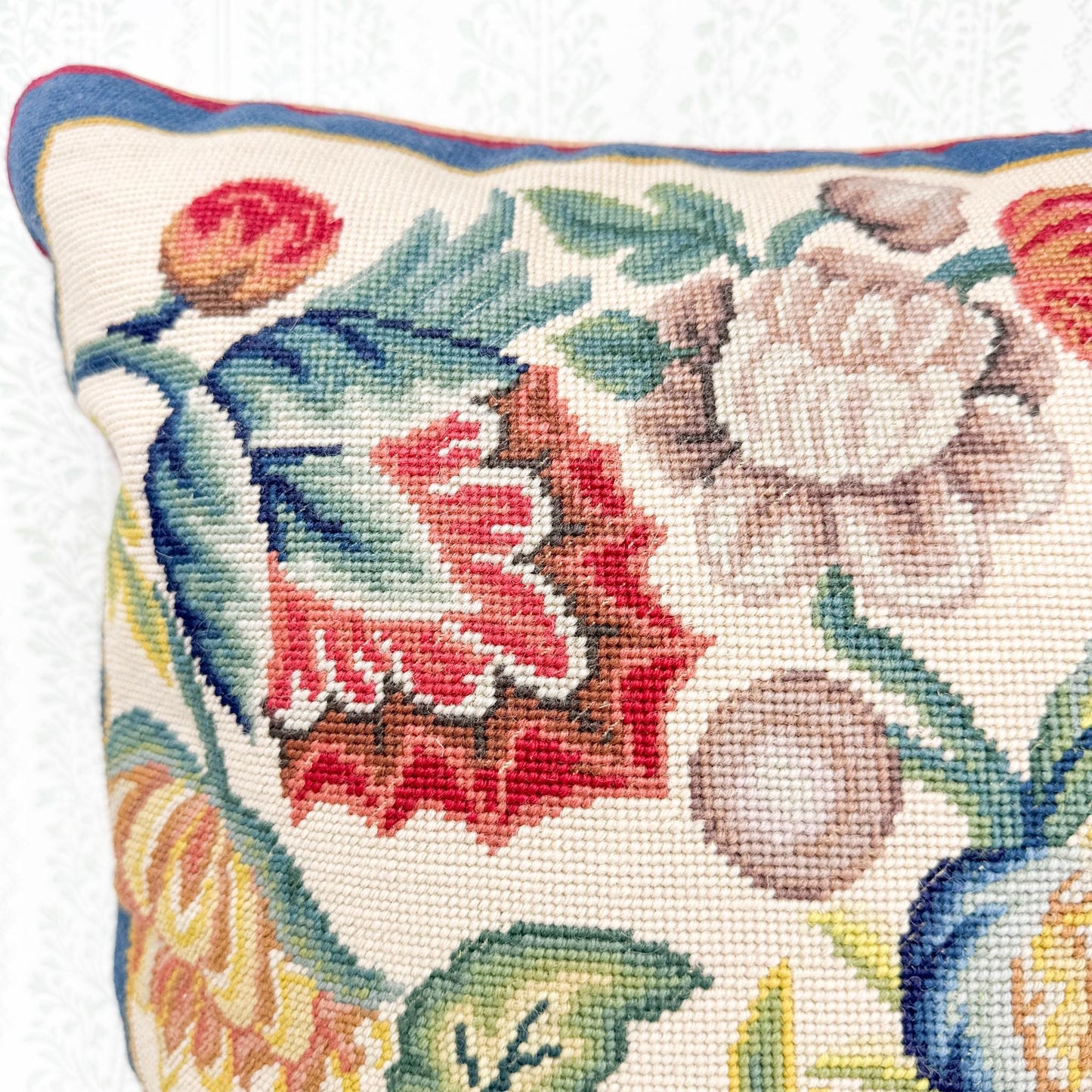Vintage Needlepoint Pillow, Red and Blue Floral