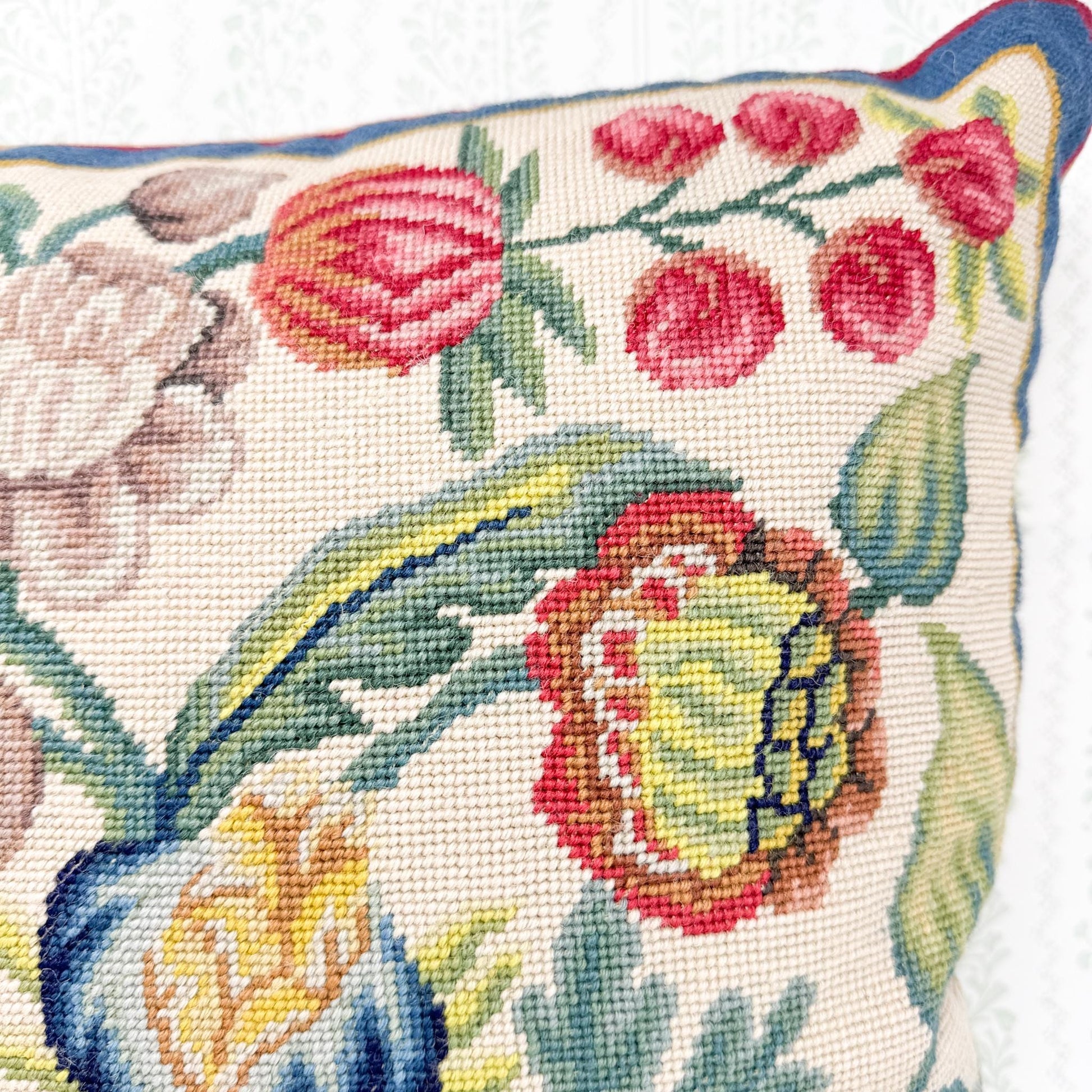 Vintage Needlepoint Pillow, Red and Blue Floral