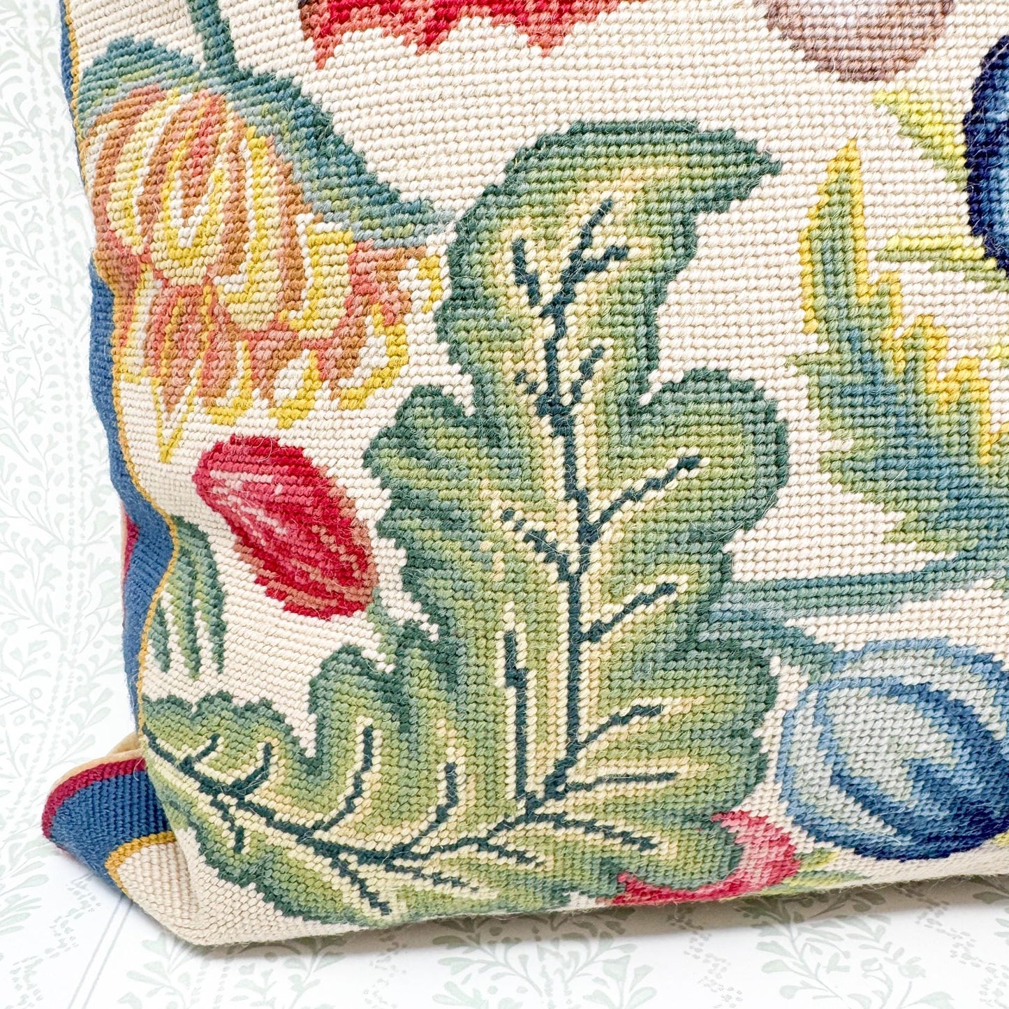 Vintage Needlepoint Pillow, Red and Blue Floral