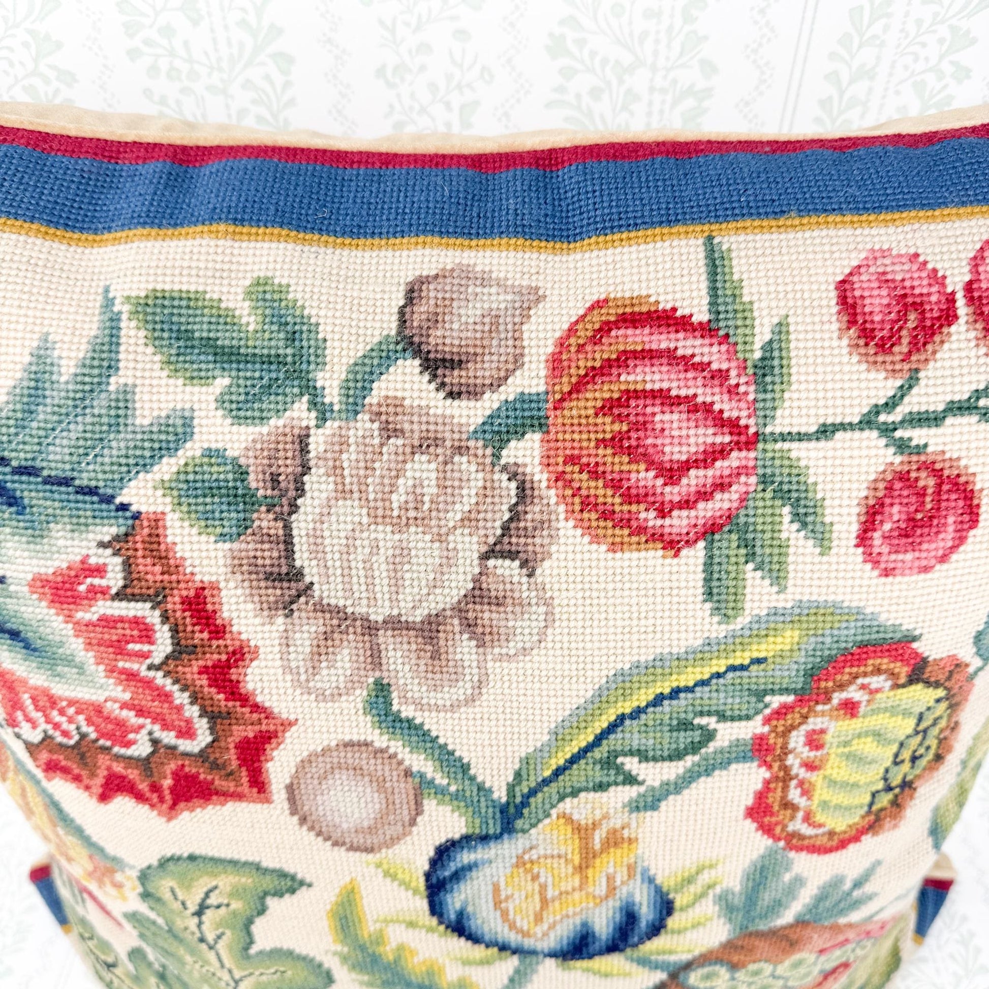 Vintage Needlepoint Pillow, Red and Blue Floral