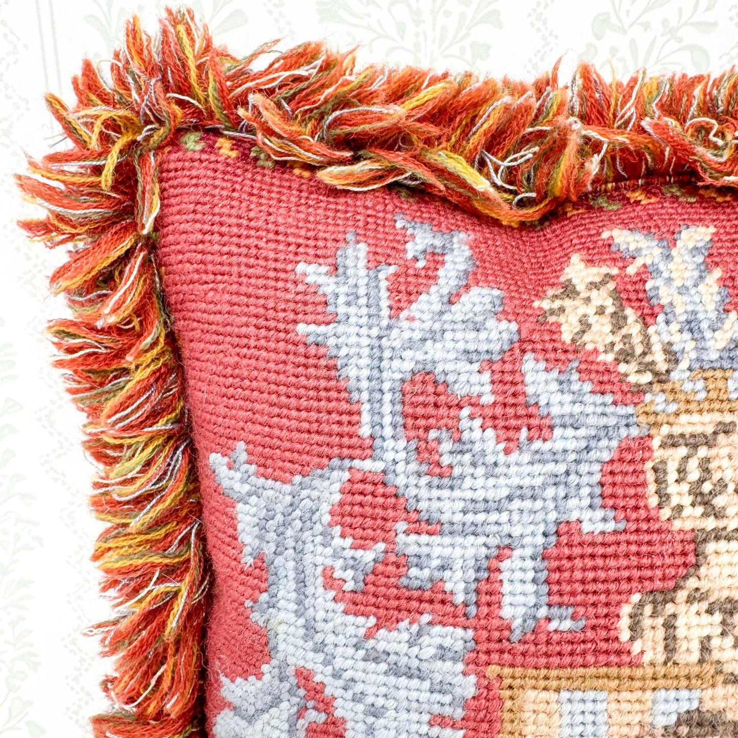 Vintage Needlepoint Pillow, Elephant Crest Heraldry