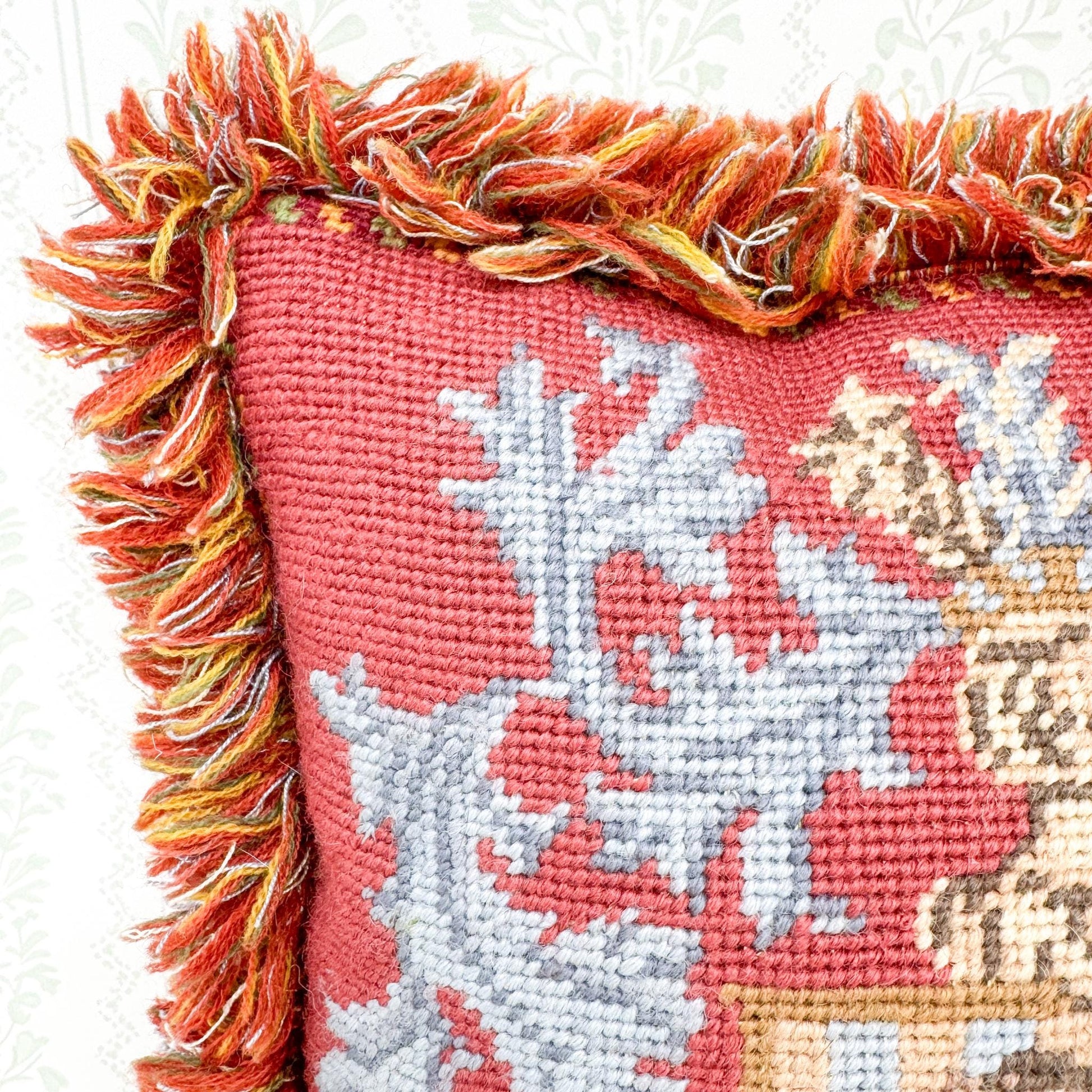 Vintage Needlepoint Pillow, Elephant Crest Heraldry